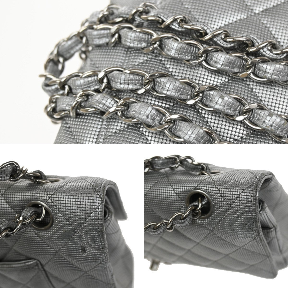 Chanel Classic Timeless Double Flap Pixel Effect Quilted Calfskin Silver Leather Handbag (Pre-Owned)