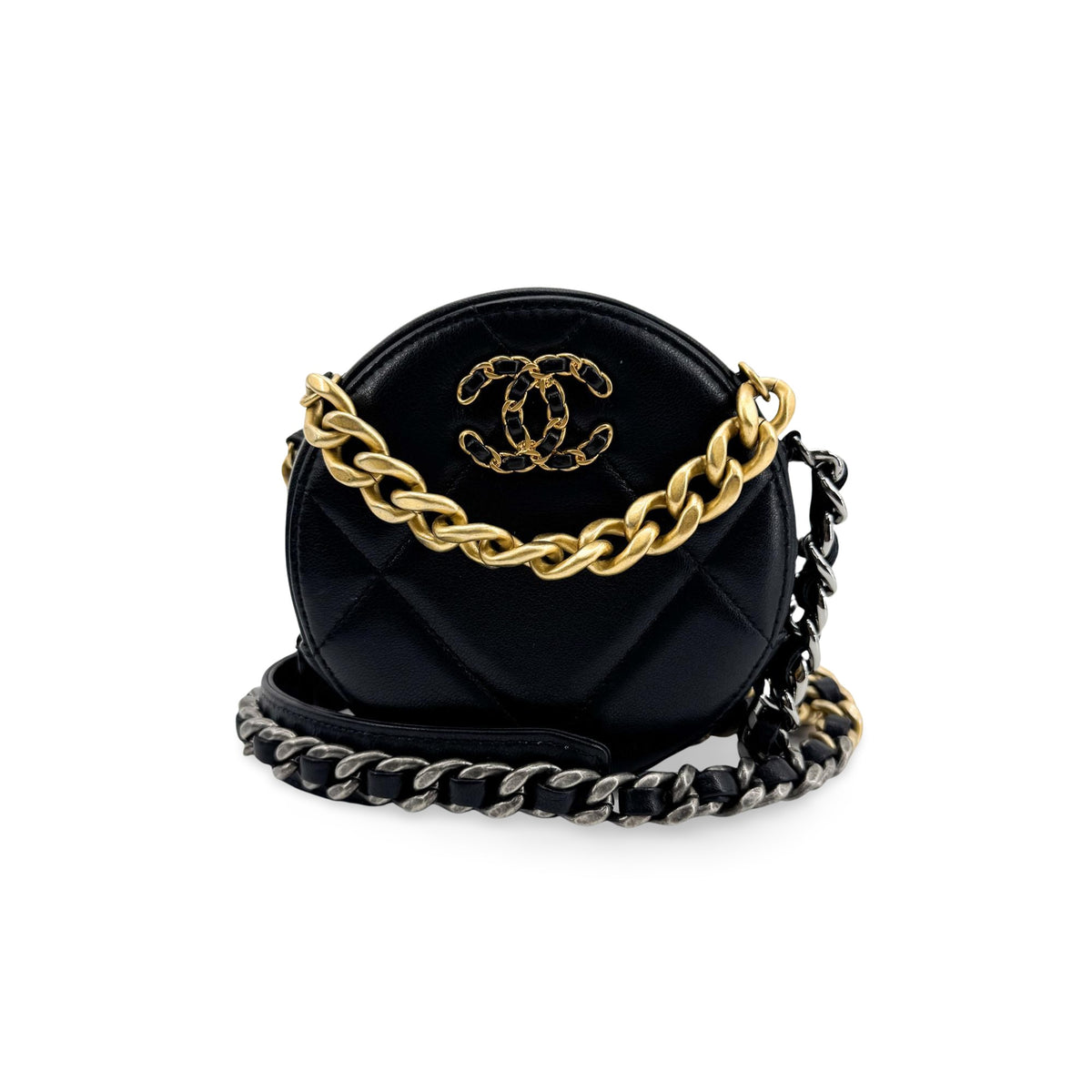 Chanel 19 Round Clutch With Chain Quilted Leather Black Leather Clutche & Pouche Bag (Pre-Owned)