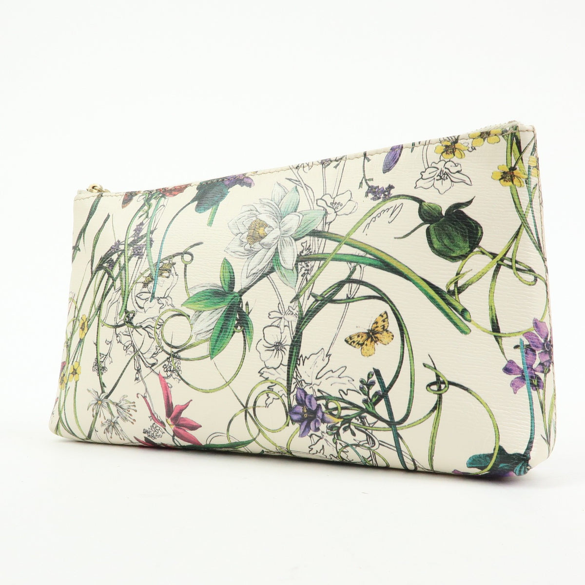 Gucci Bamboo Zip Pouch Flora Leather Beige Leather Clutche & Pouche Bag (Pre-Owned)