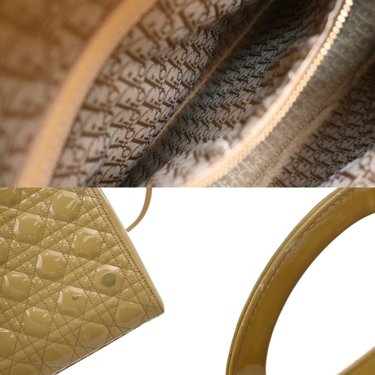 Christian Dior Lady Dior Cannage Quilt Patent Yellow Patent_Leather Handbag (Pre-Owned)