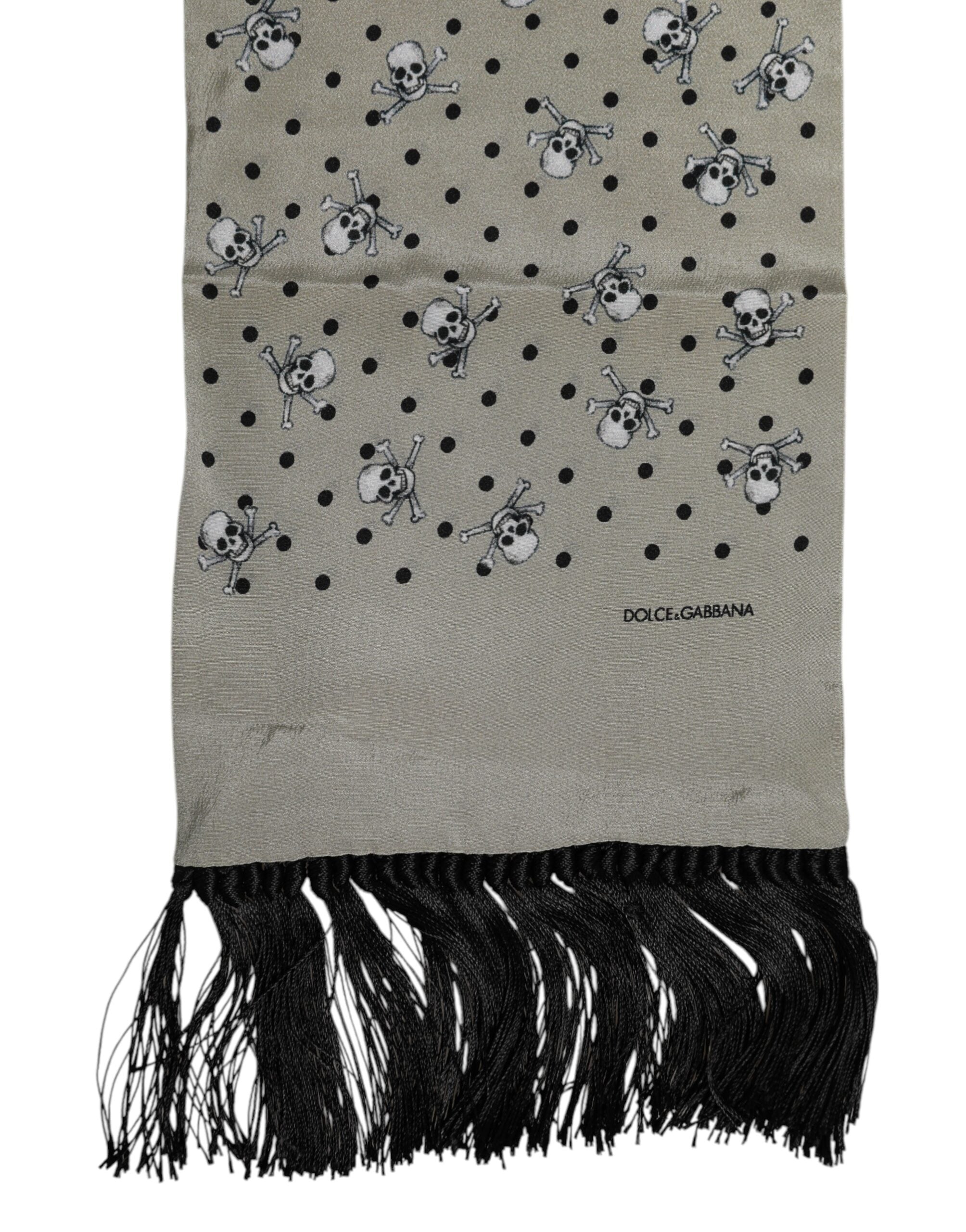 Dolce & Gabbana Gray Skulls Silk Fringes Men Foulard Men's Scarf