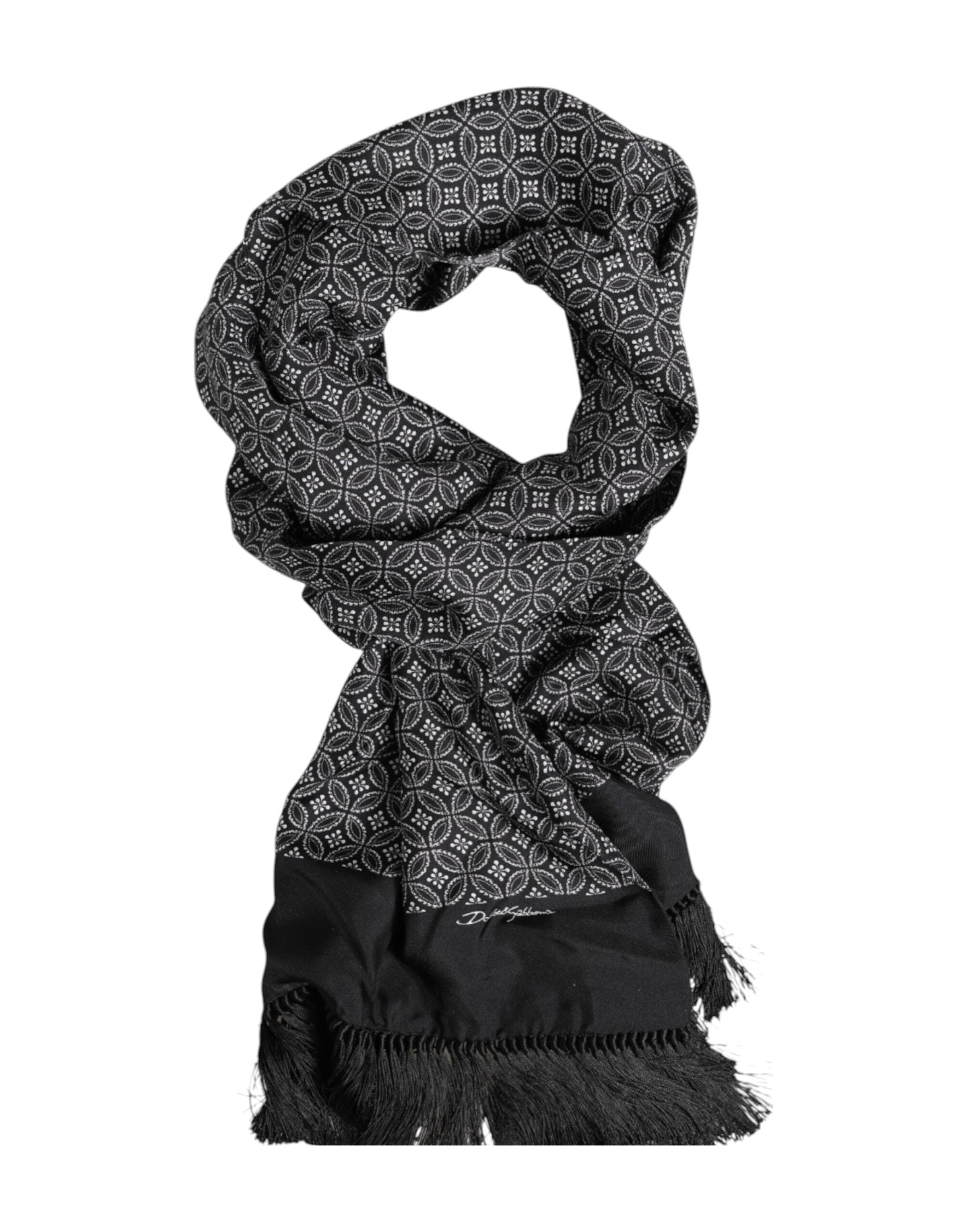 Dolce & Gabbana Black Patterned Fringes Men Foulard Men's Scarf