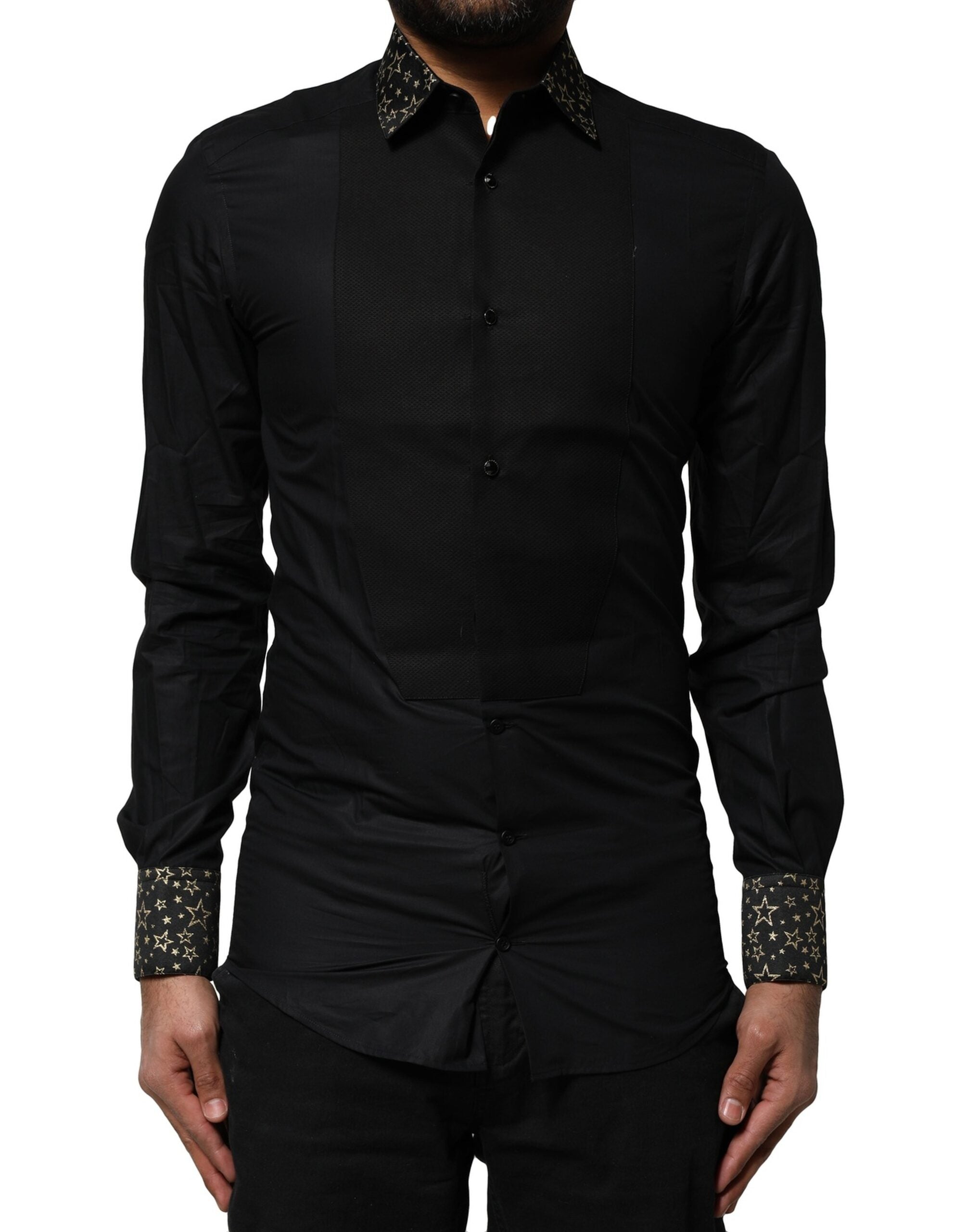Dolce & Gabbana Black Cotton GOLD Long Sleeves Dress Men's Shirt (Pre-Owned)