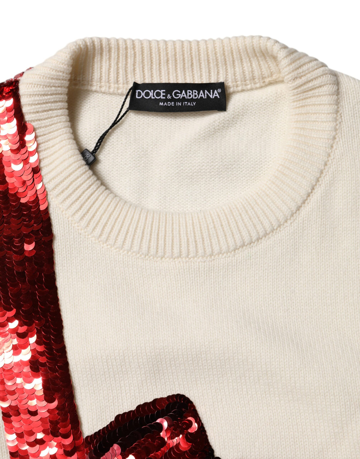 Dolce & Gabbana White Sequined Crew Neck Pullover Women's Sweater