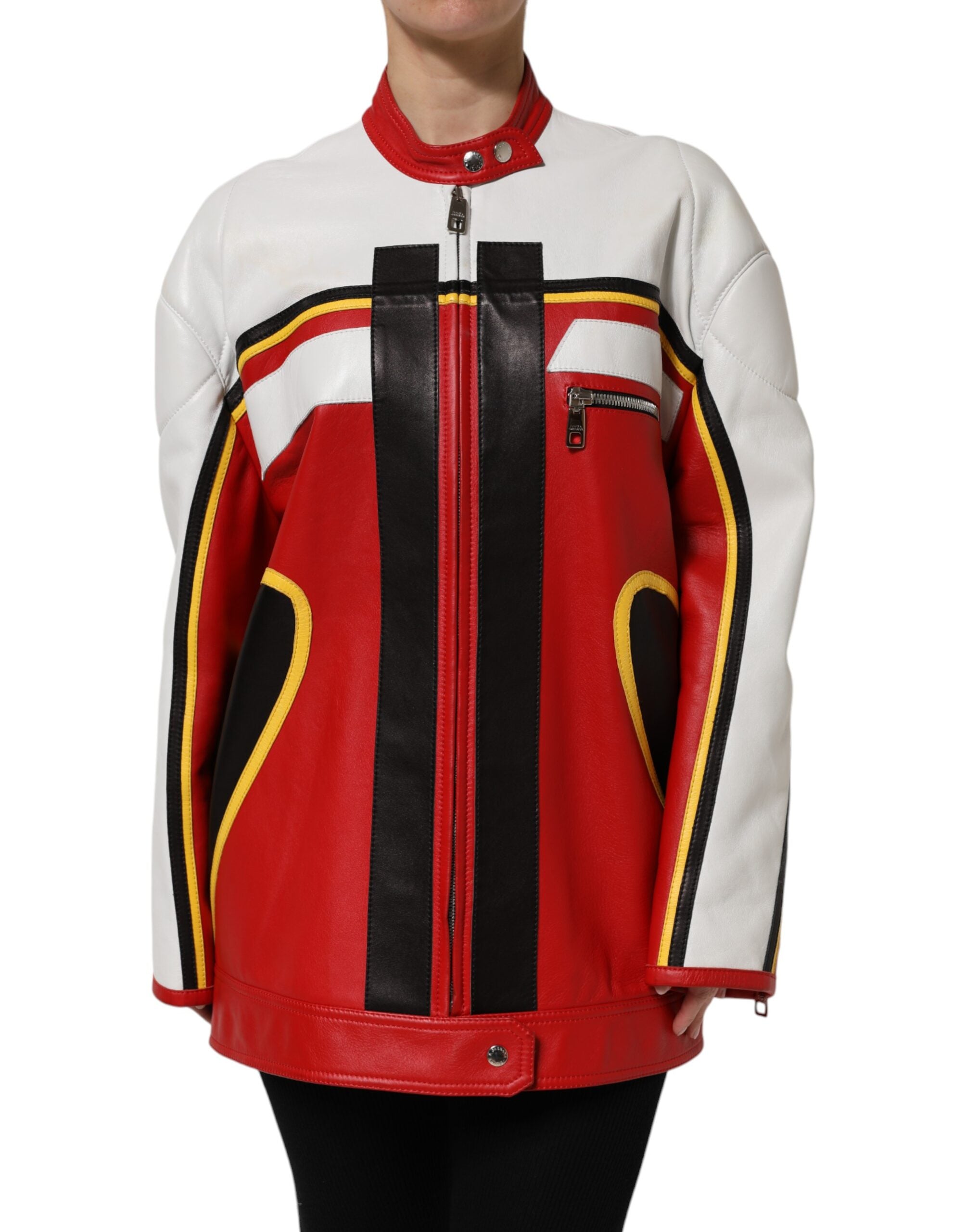 Dolce & Gabbana Multicolor Leather Biker Full Zip Coat Women's Jacket