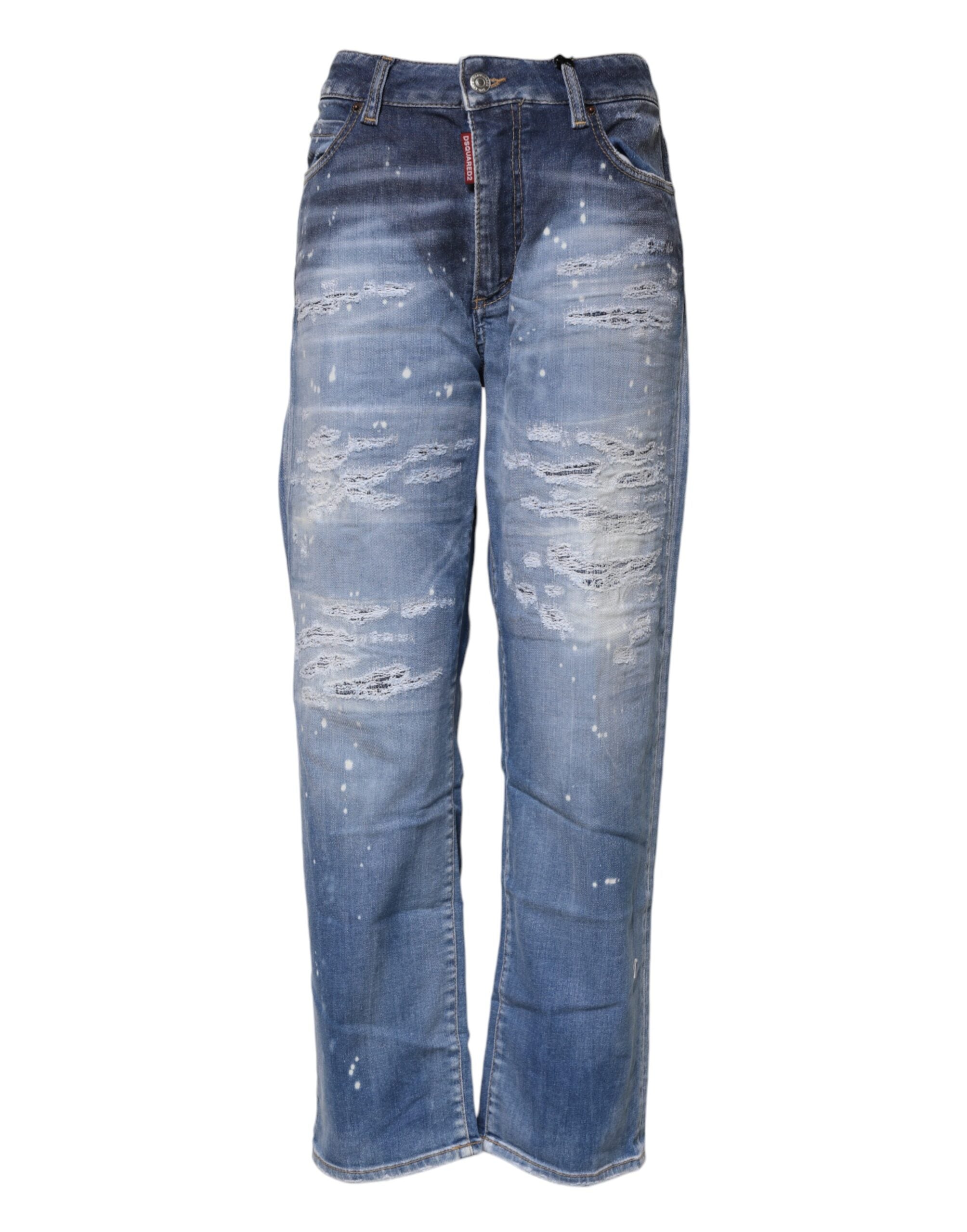 Dsquared² Blue Tattered Cotton Mid Waist Straight Denim Women's Jeans