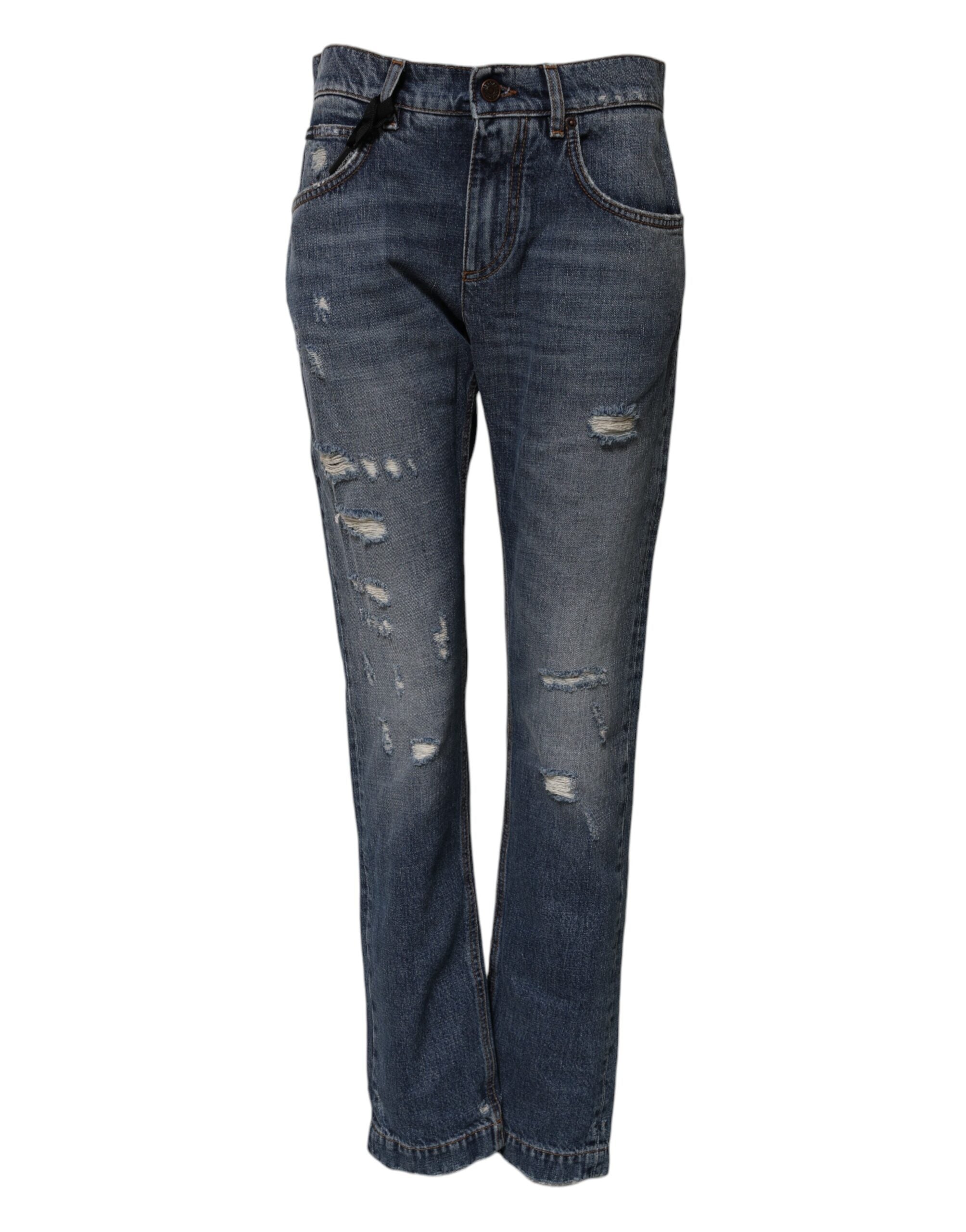 Dolce & Gabbana Blue Cotton Tattered Boyfriend Denim Women's Jeans