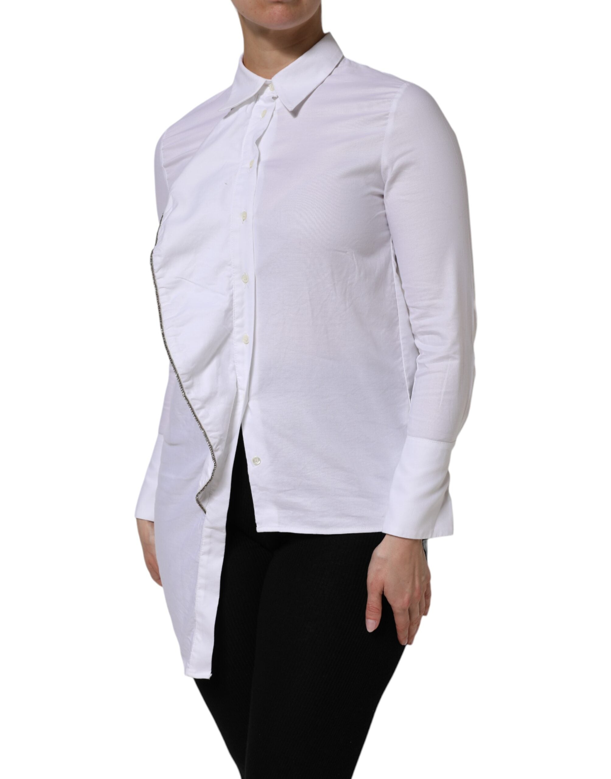 AGLINI White Cotton Collared Long Sleeves Ruffle Top Women's Shirt