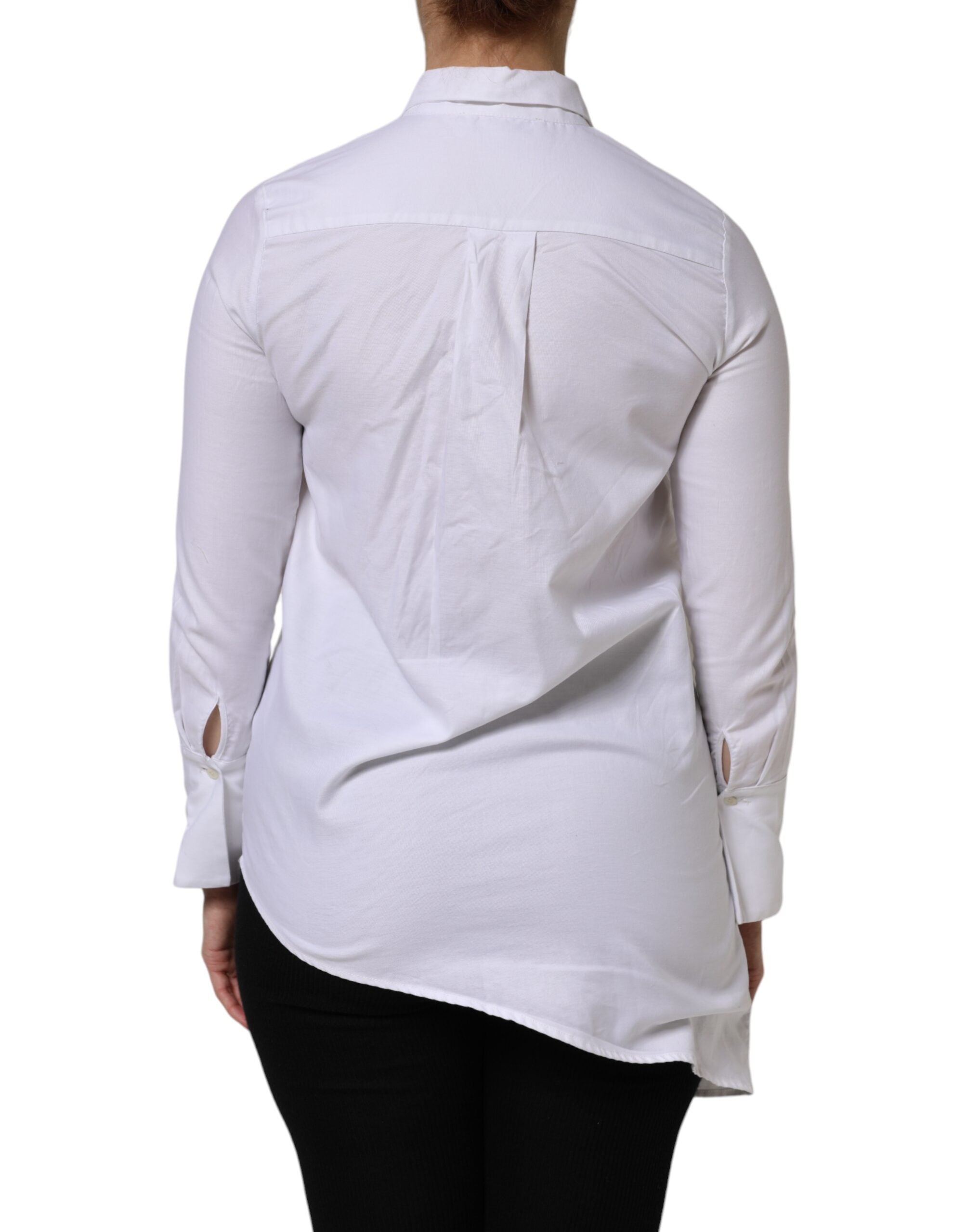 AGLINI White Cotton Collared Long Sleeves Ruffle Top Women's Shirt