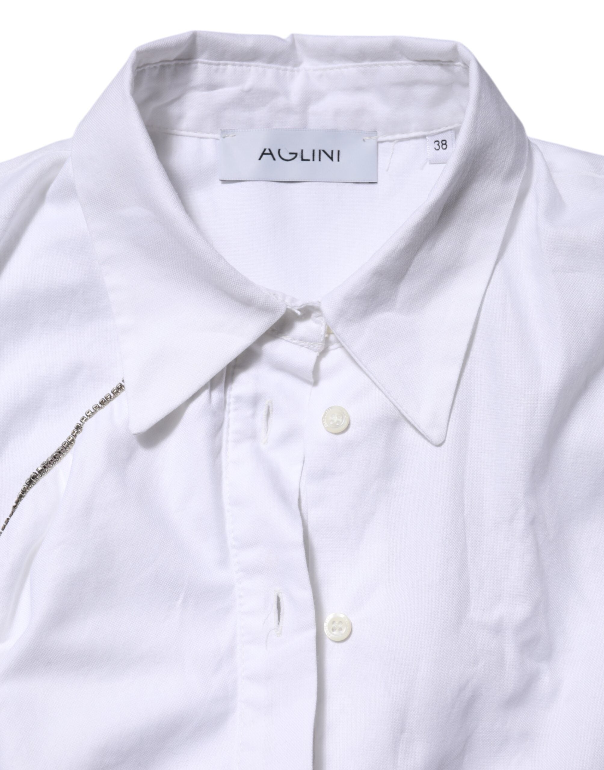 AGLINI White Cotton Collared Long Sleeves Ruffle Top Women's Shirt