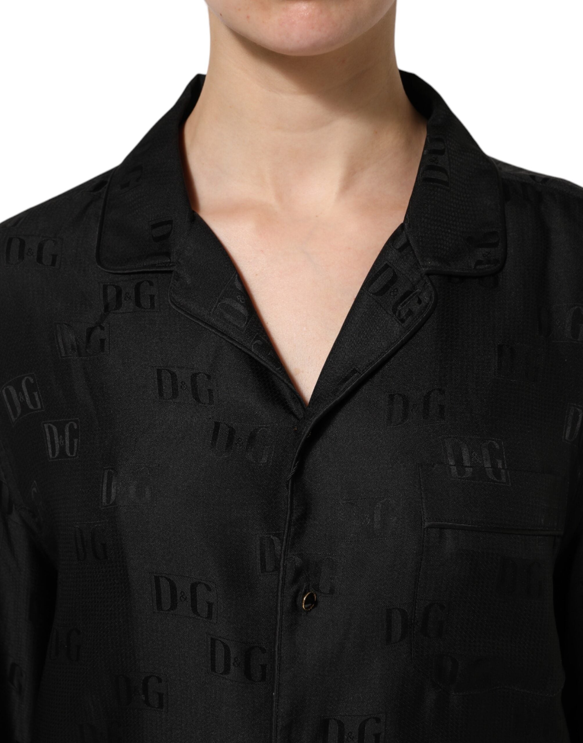 Dolce & Gabbana Black Silk DG Embroidery Long Sleeves Women's Top (Pre-Owned)