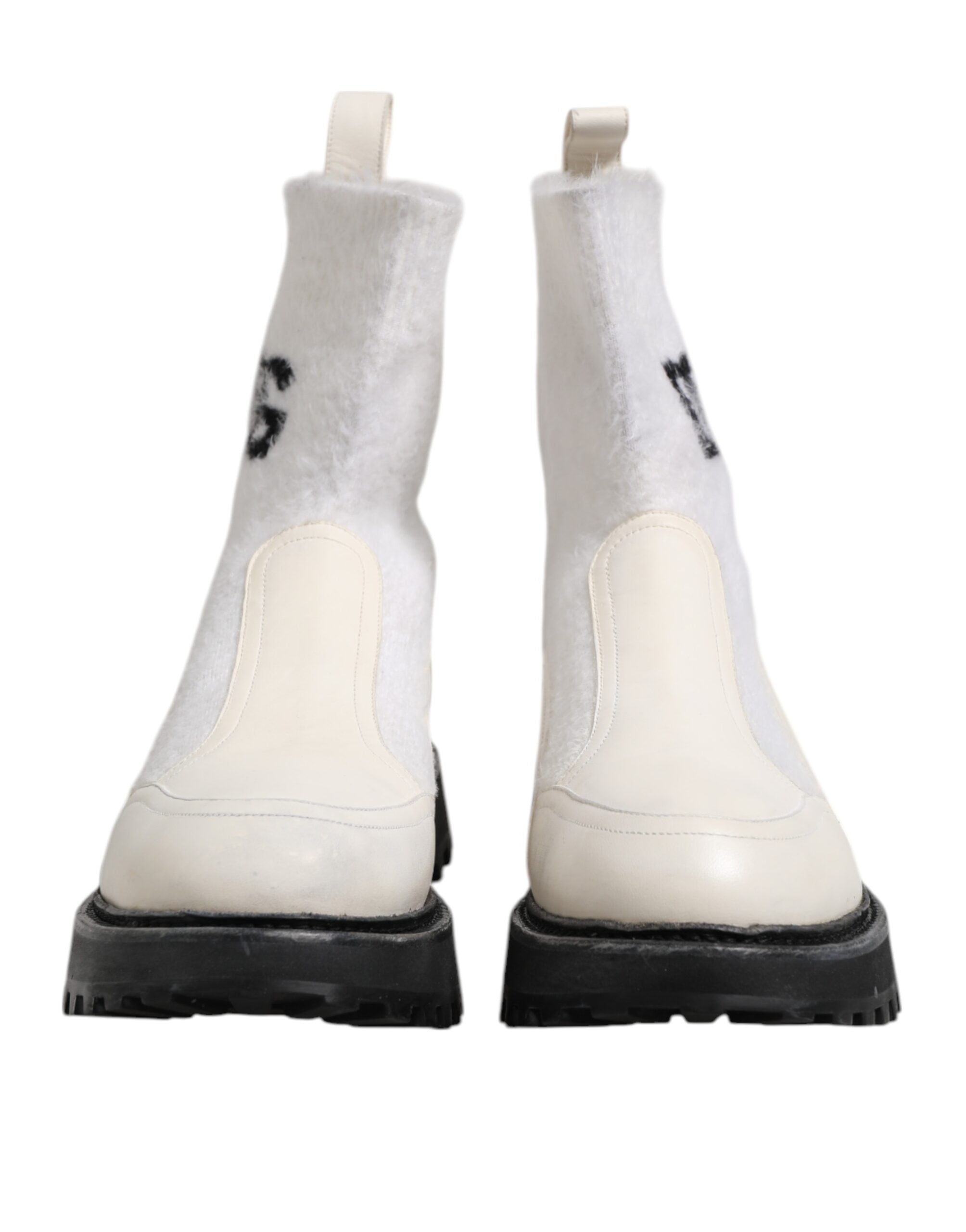 Dolce & Gabbana White Beige DG Logo Mid Calf Boots Men's Shoes