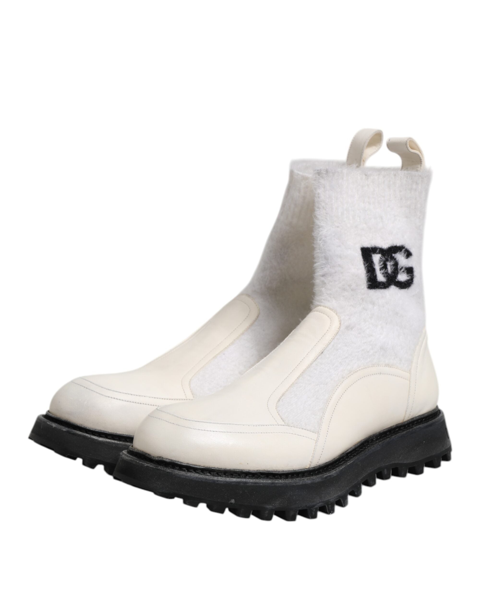 Dolce & Gabbana White Beige DG Logo Mid Calf Boots Men's Shoes