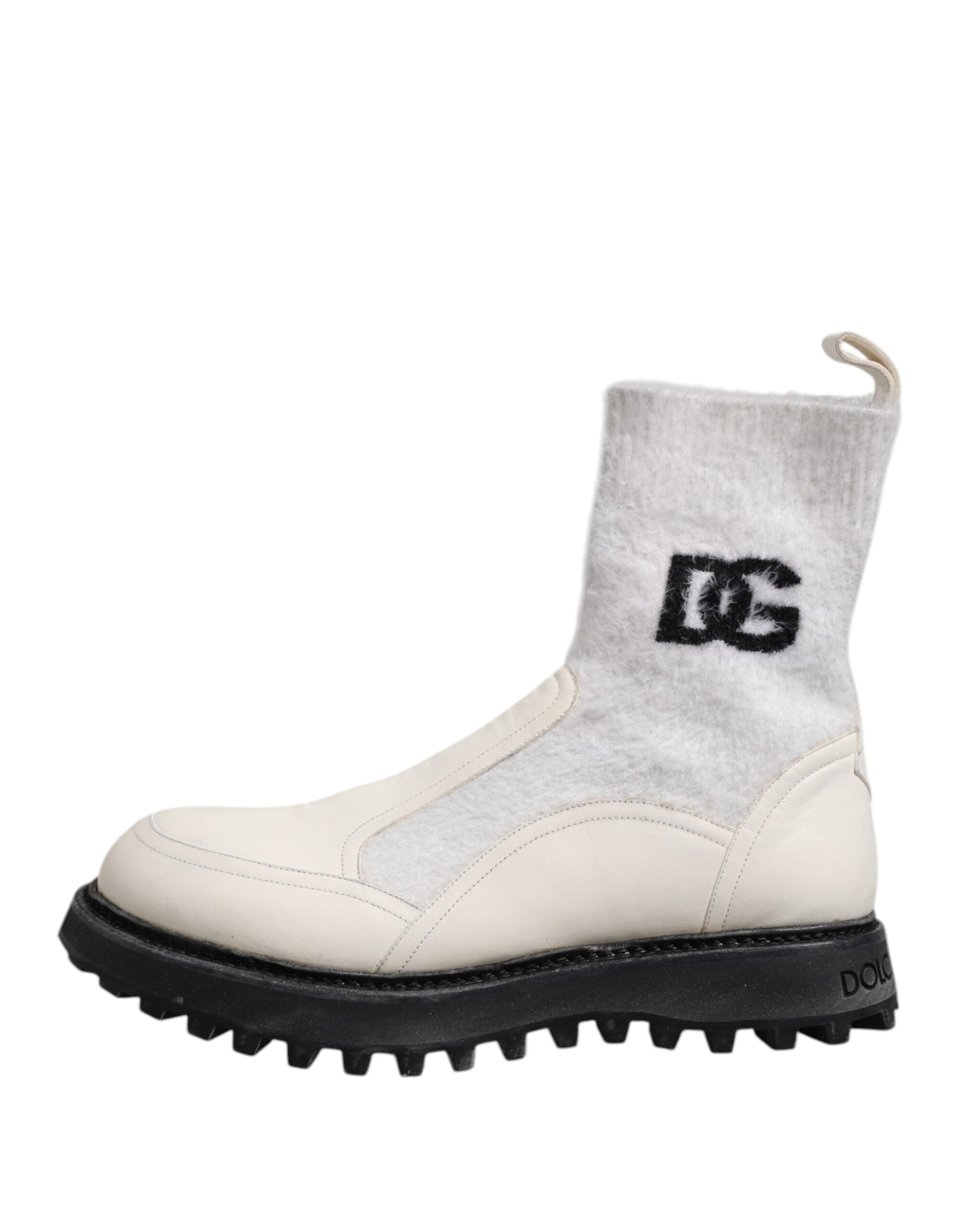 Dolce & Gabbana White Beige DG Logo Mid Calf Boots Men's Shoes