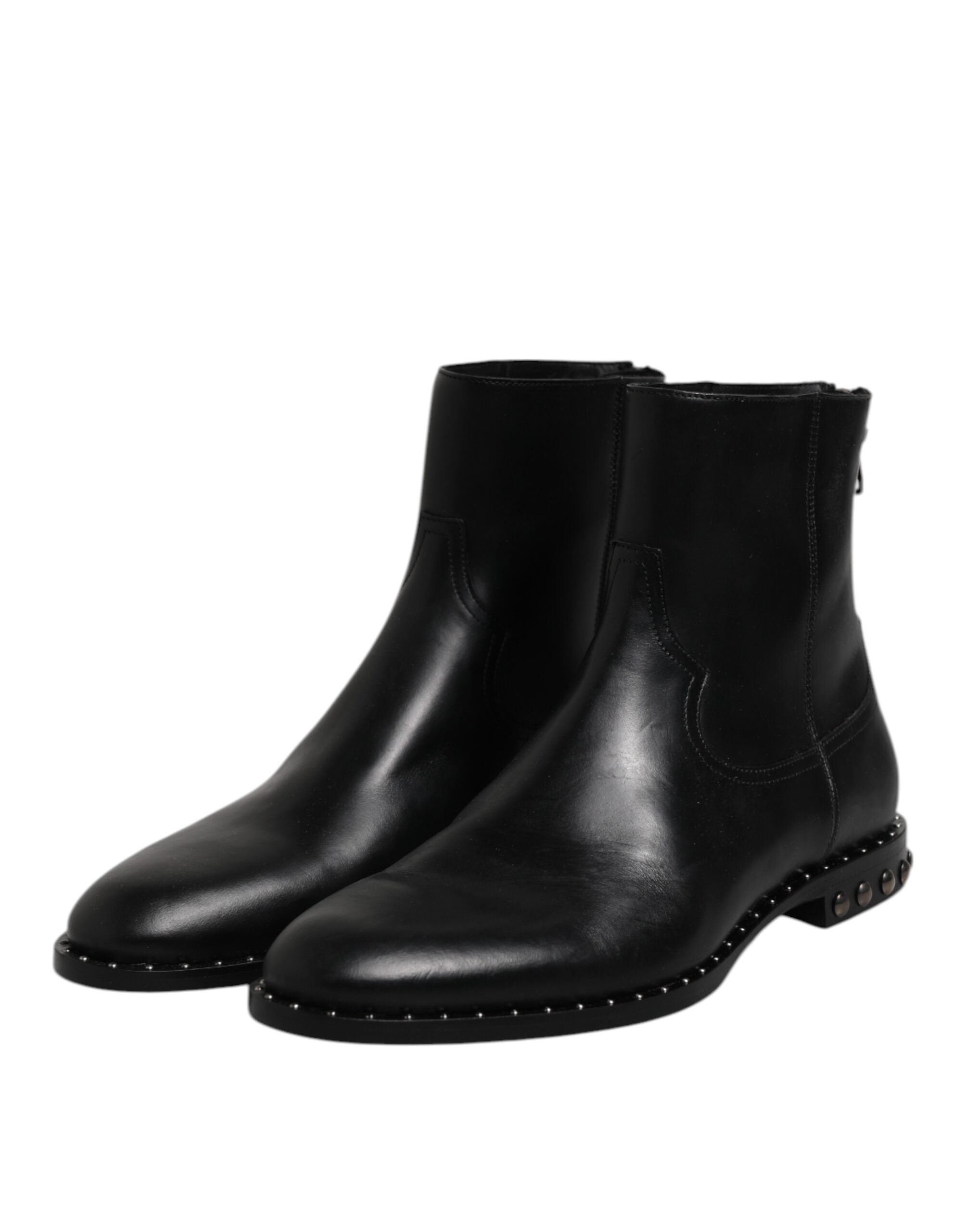 Dolce & Gabbana Black Leather Logo Ankle Boots Studded Men's Shoes