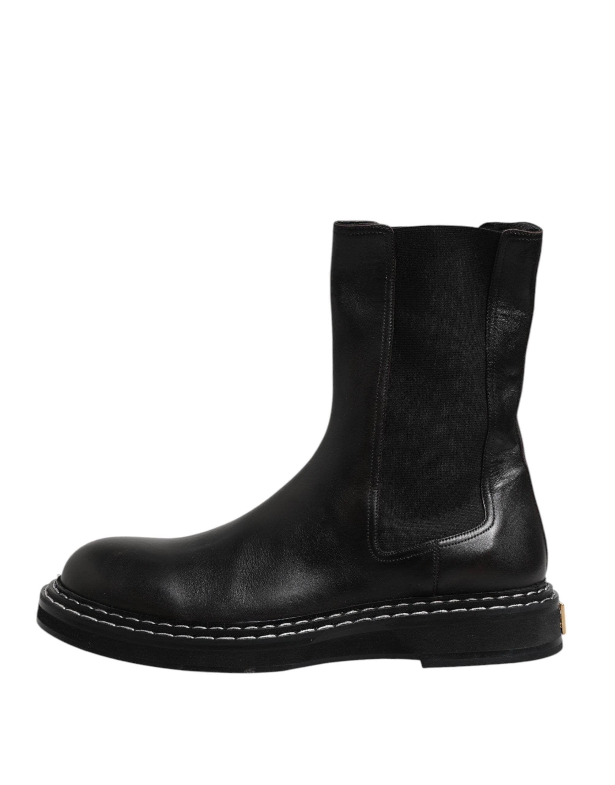 Dolce & Gabbana Black Leather Mid Calf Boots Flats Men's Shoes