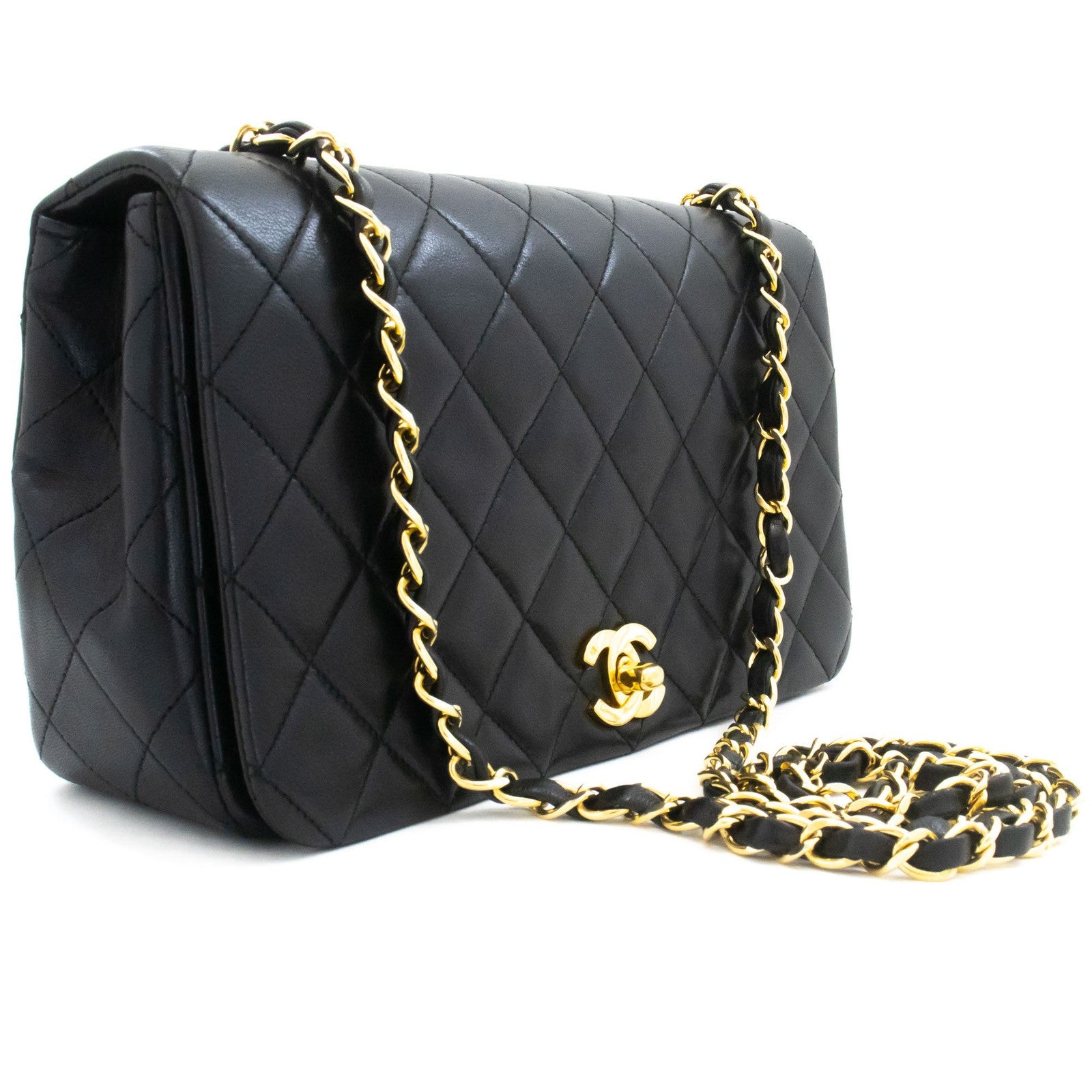 Chanel Vintage Full Flap Quilted Lambskin Black Leather Shoulder Bag Bag (Pre-Owned)