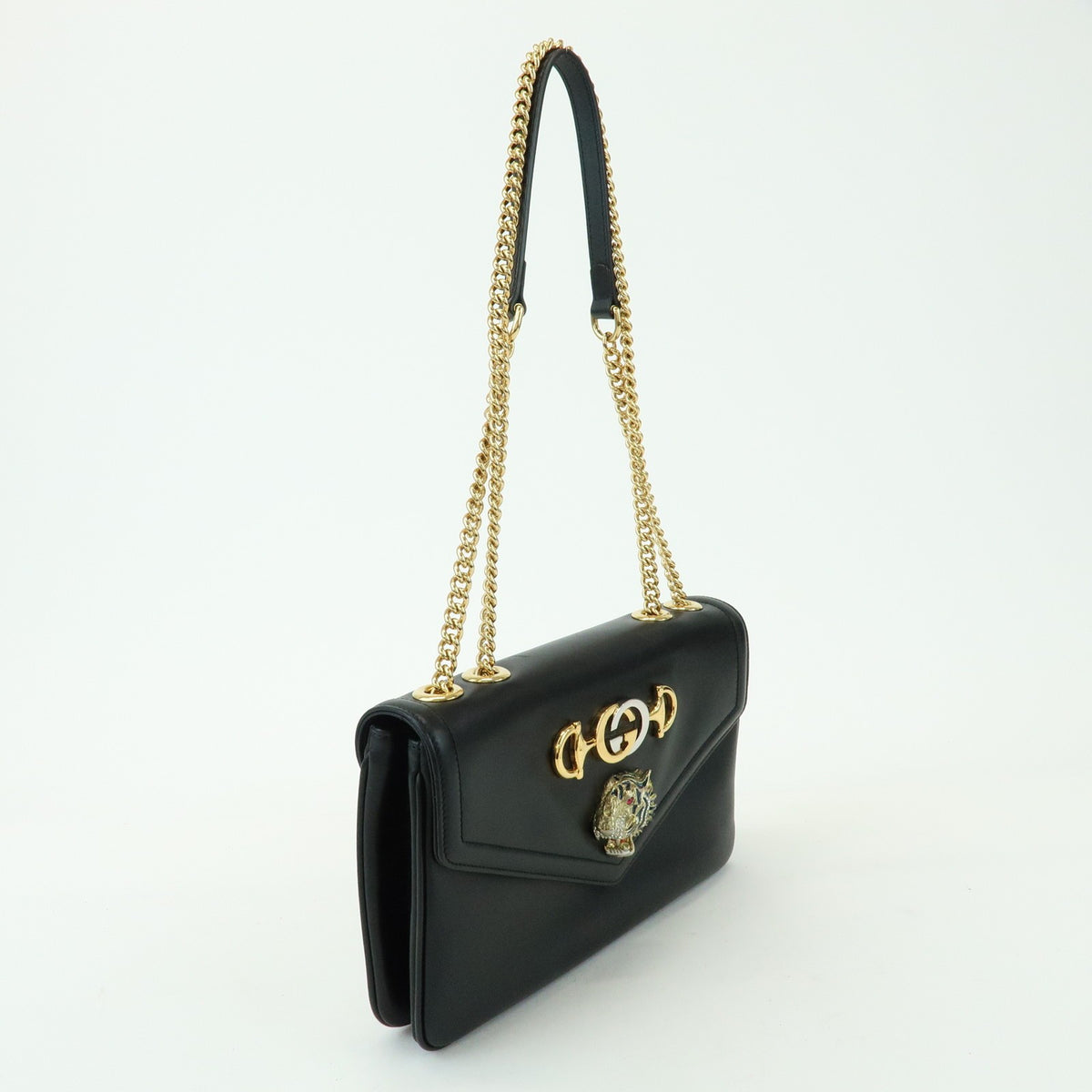 Gucci Rajah Chain Leather Black Leather Tote Bag Bag (Pre-Owned)
