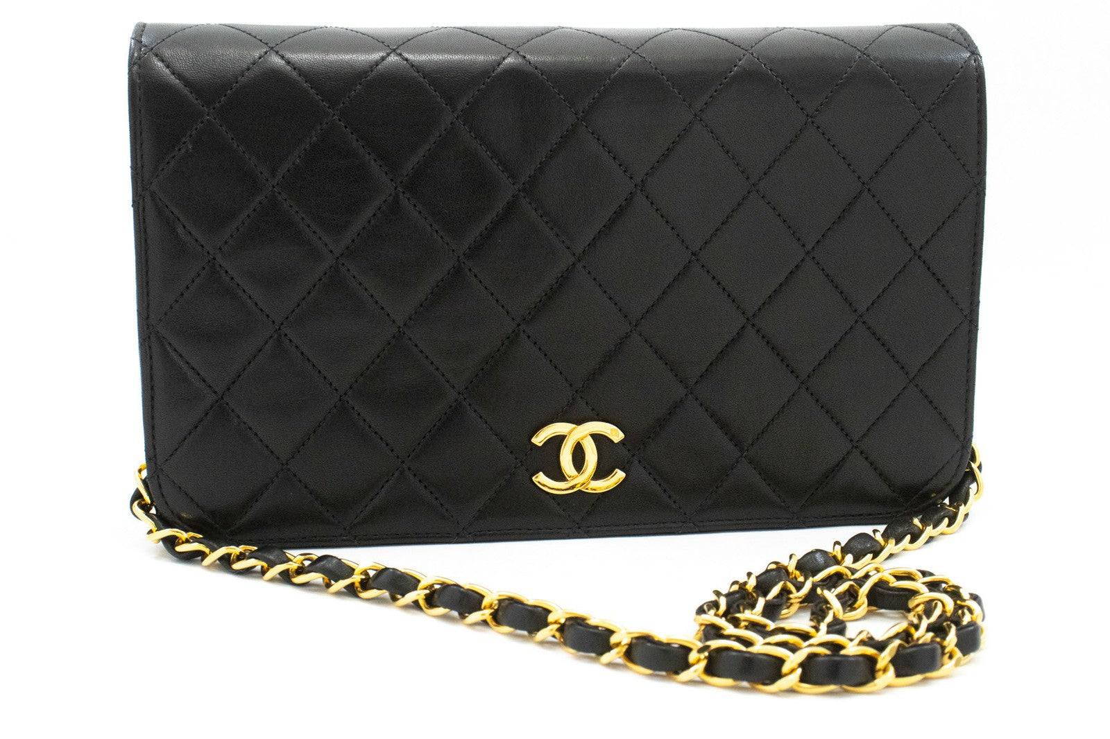 Chanel Vintage Full Flap Quilted Lambskin Black Leather Shoulder Bag Bag (Pre-Owned)