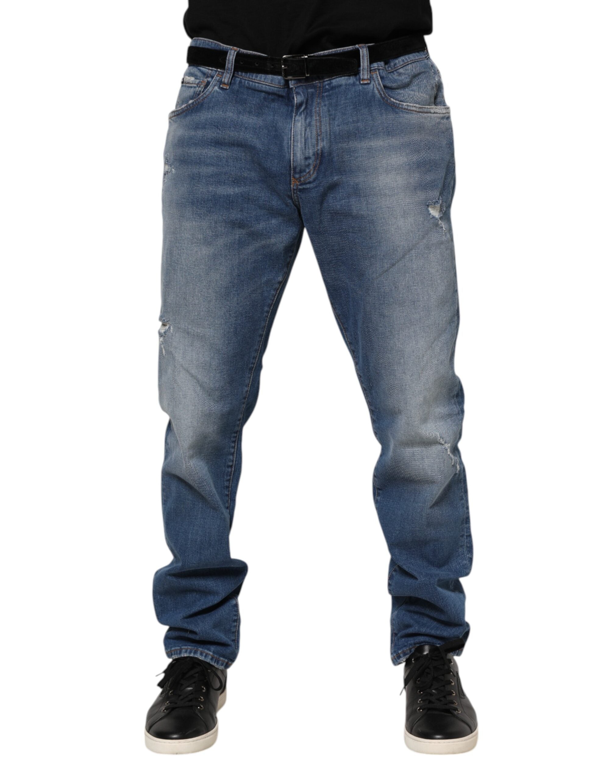 Dolce & Gabbana Blue Washed Cotton Logo Plaque Denim Men's Jeans