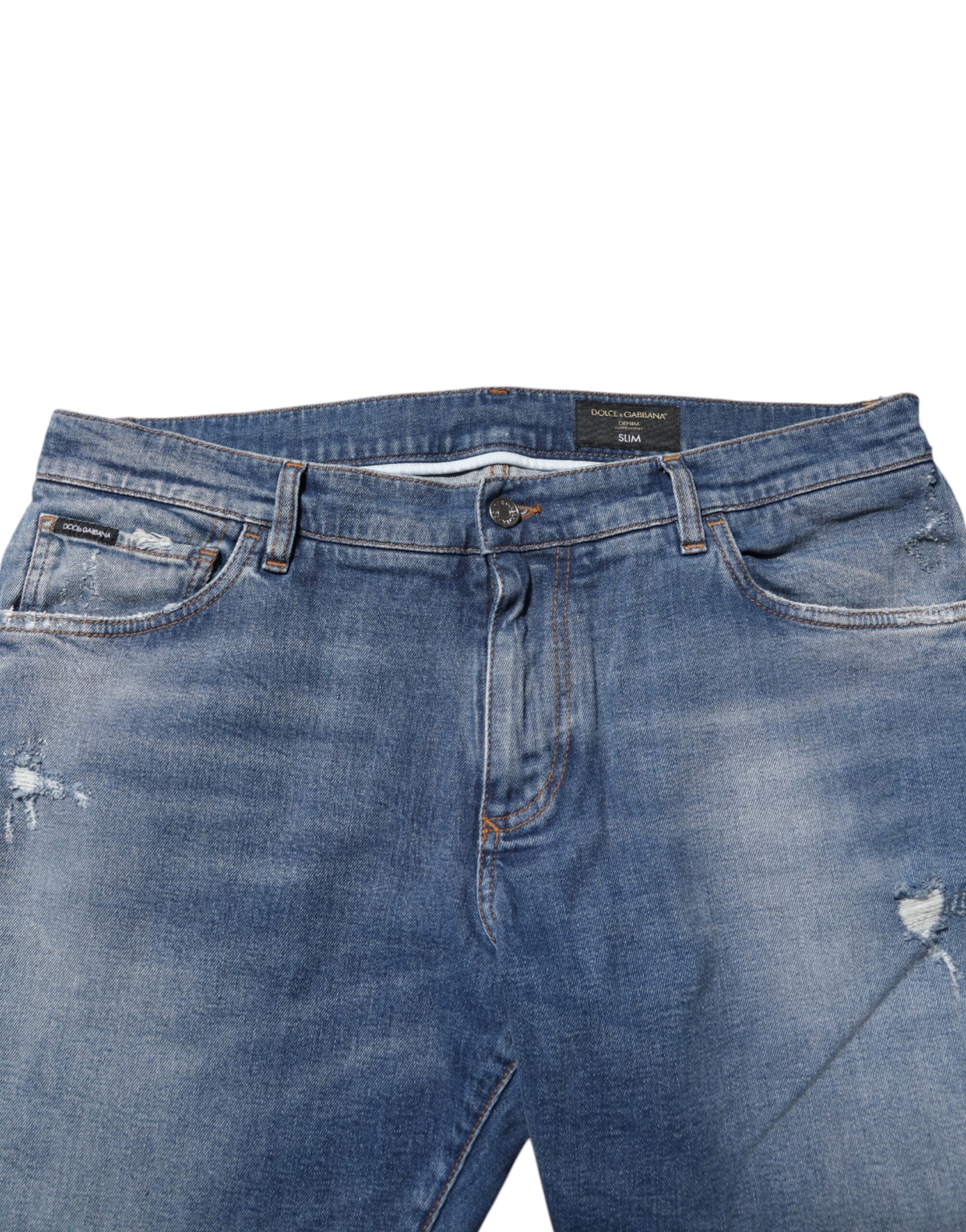 Dolce & Gabbana Blue Washed Cotton Logo Plaque Denim Men's Jeans