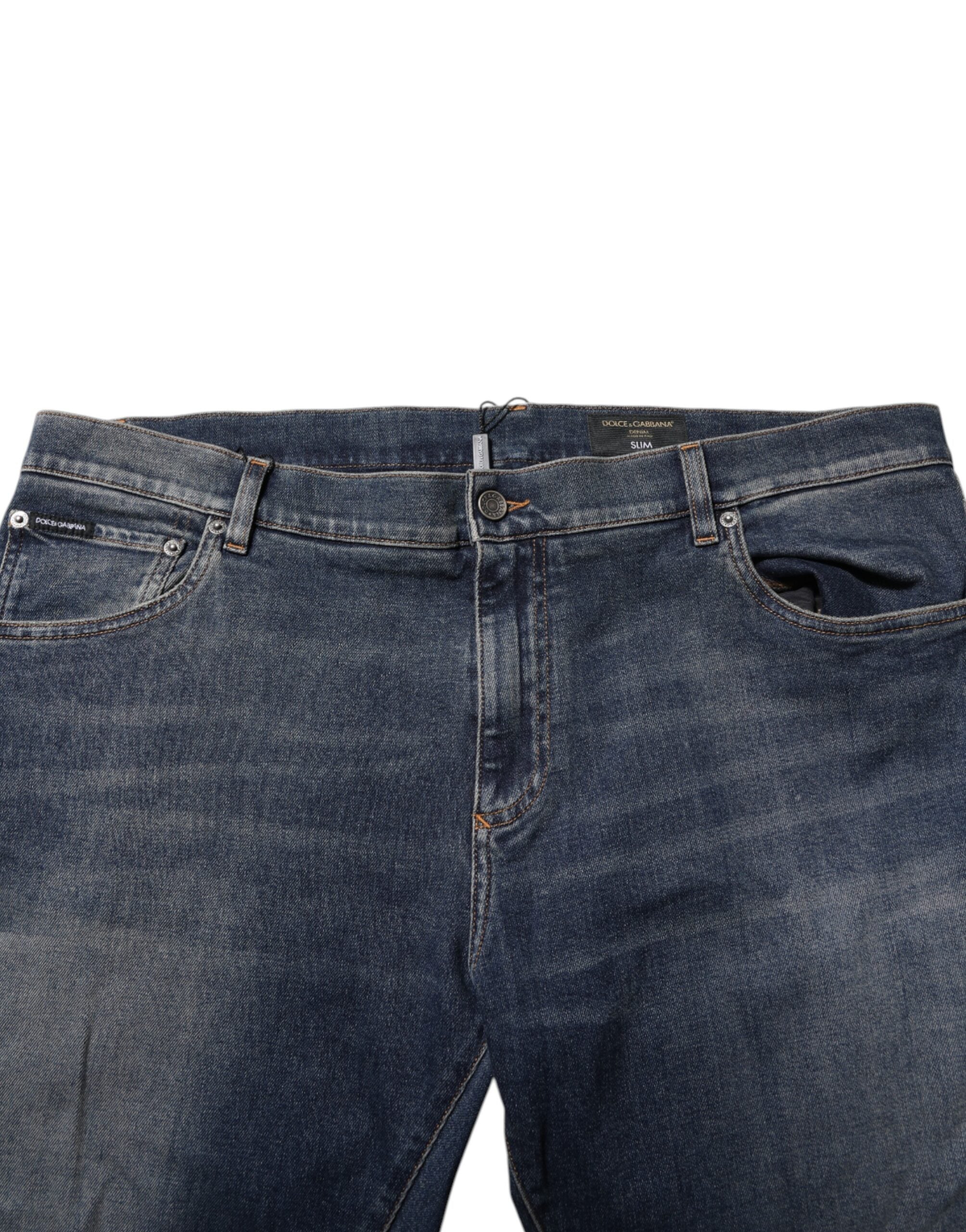 Dolce & Gabbana Blue Cotton Logo Plaque Slim Denim Men's Jeans