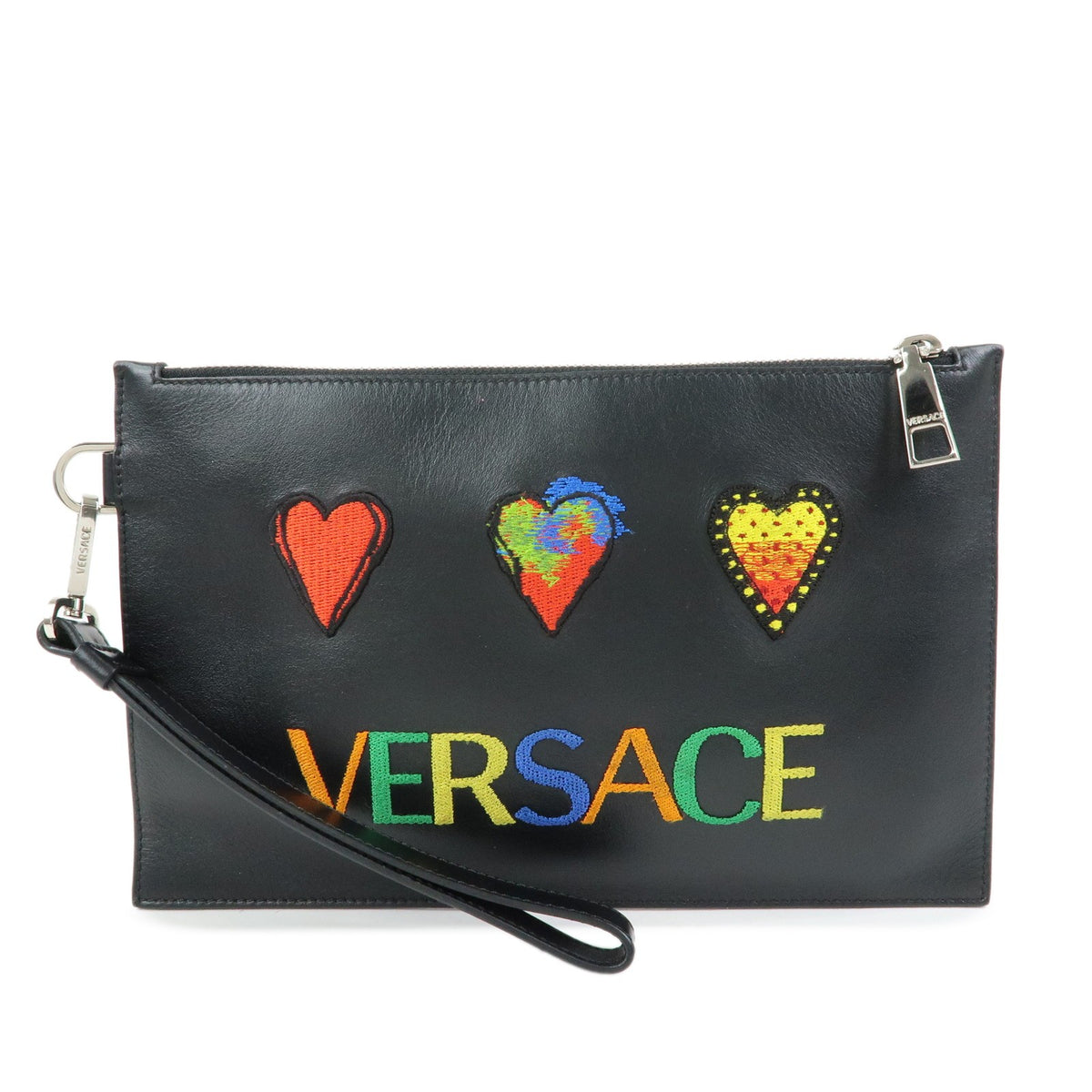 Versace Wristlet Printed Leather Black Leather Clutche & Pouche Bag (Pre-Owned)