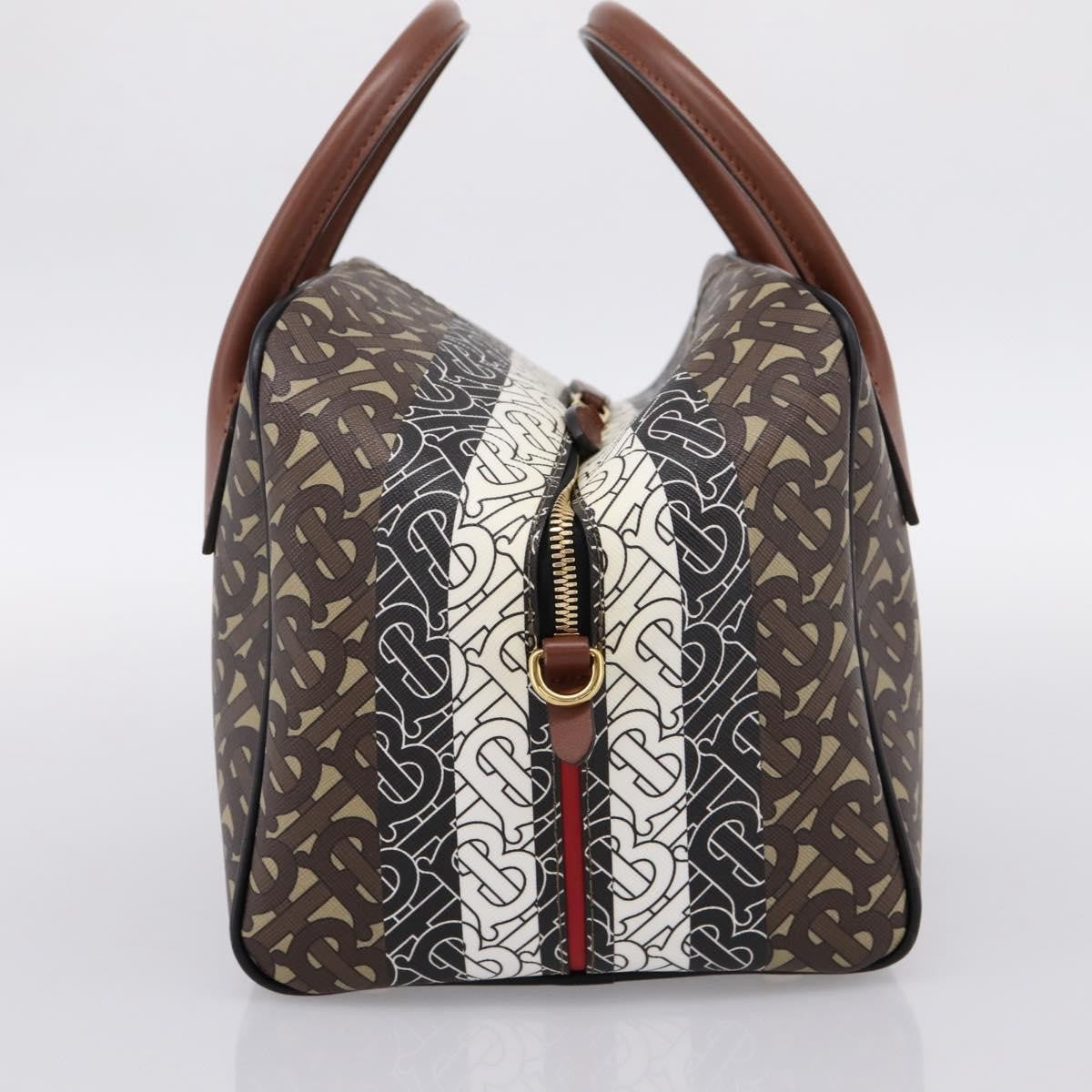 Burberry Tb Half Cube Duffle Monogram Embossed Leather Brown Canvas Handbag (Pre-Owned)