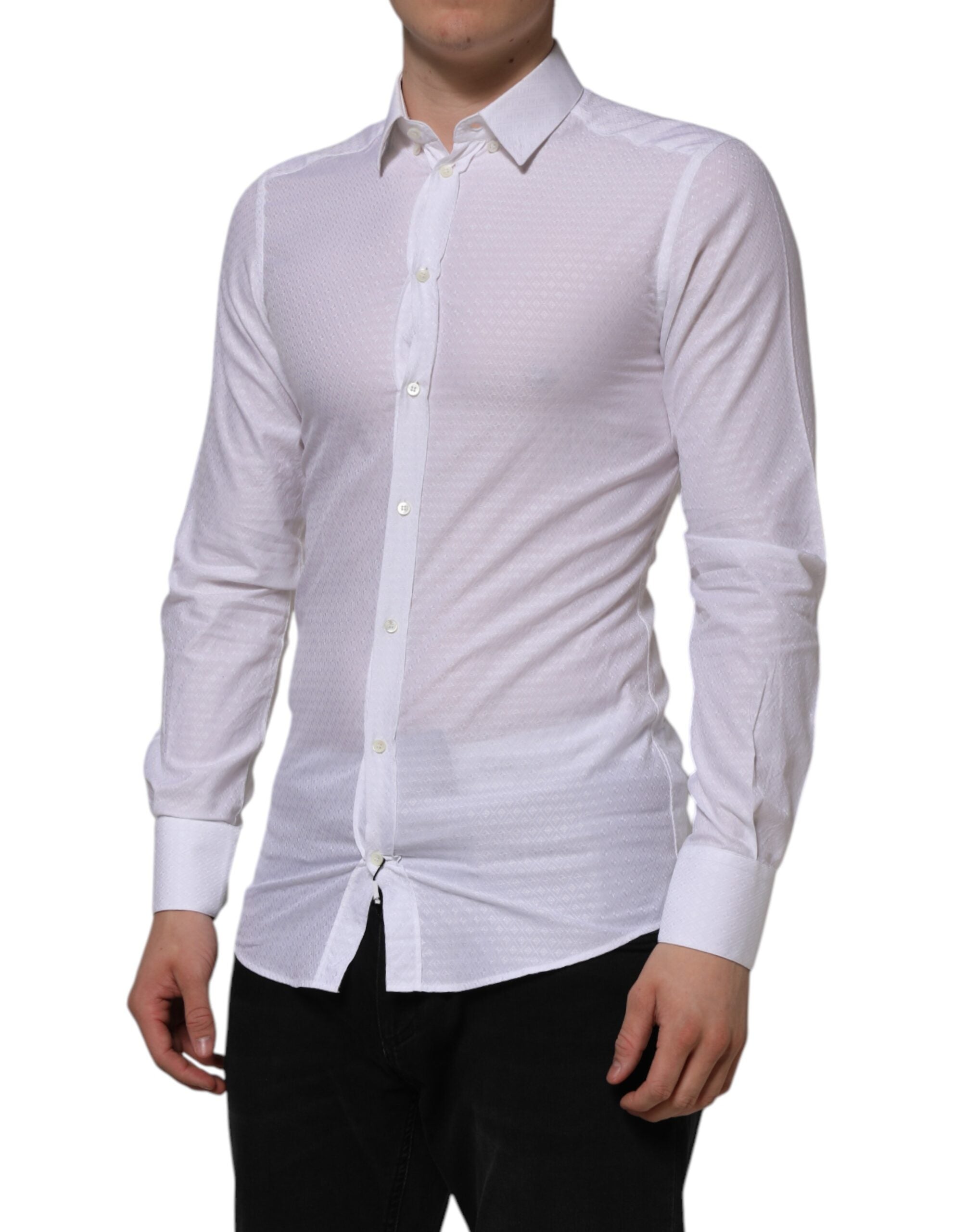 Dolce & Gabbana White Cotton GOLD Long Sleeves Formal Men's Shirt (Pre-Owned)