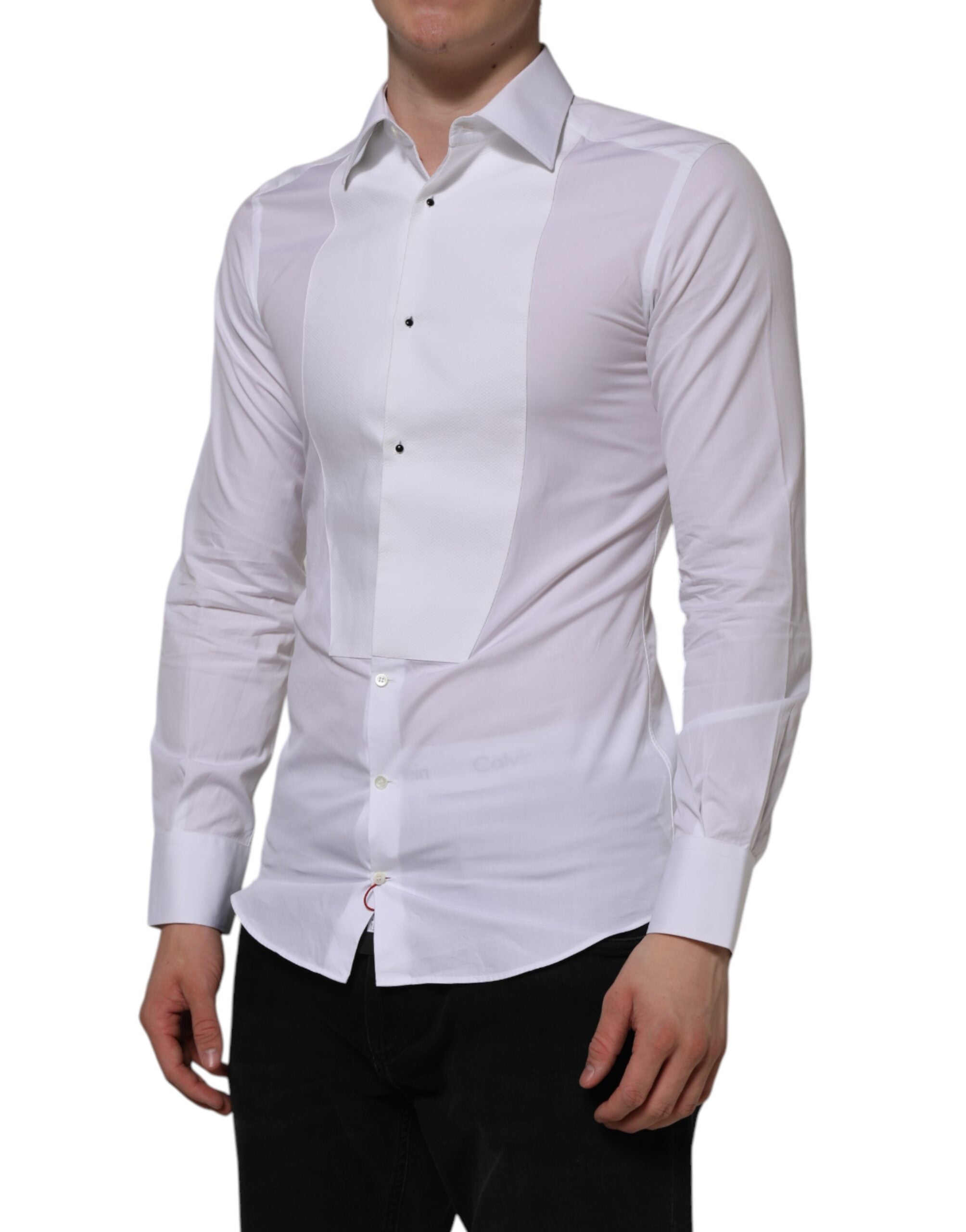 Dolce & Gabbana White Bib Cotton Poplin GOLD Formal Men's Shirt (Pre-Owned)