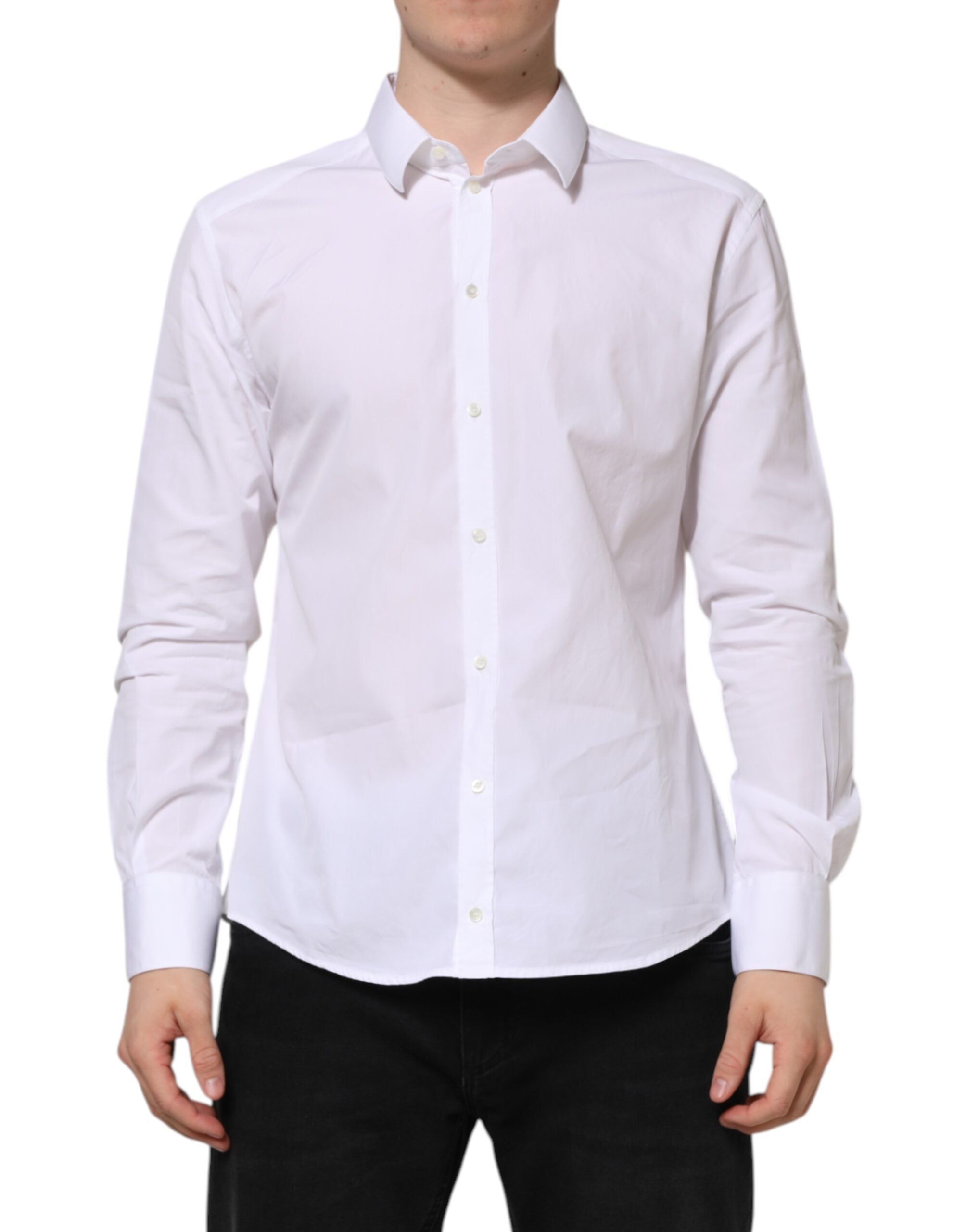 Dolce & Gabbana White Cotton Long Sleeves GOLD Formal Men's Shirt (Pre-Owned)