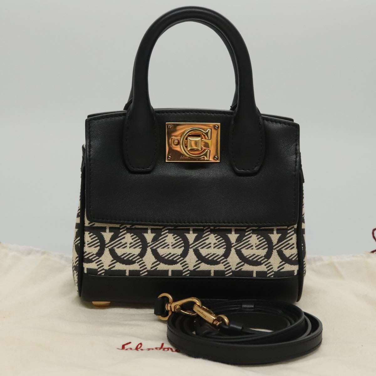 Salvatore Ferragamo Studio Satchel Gancini Jacquard And Leather Black Canvas Handbag (Pre-Owned)