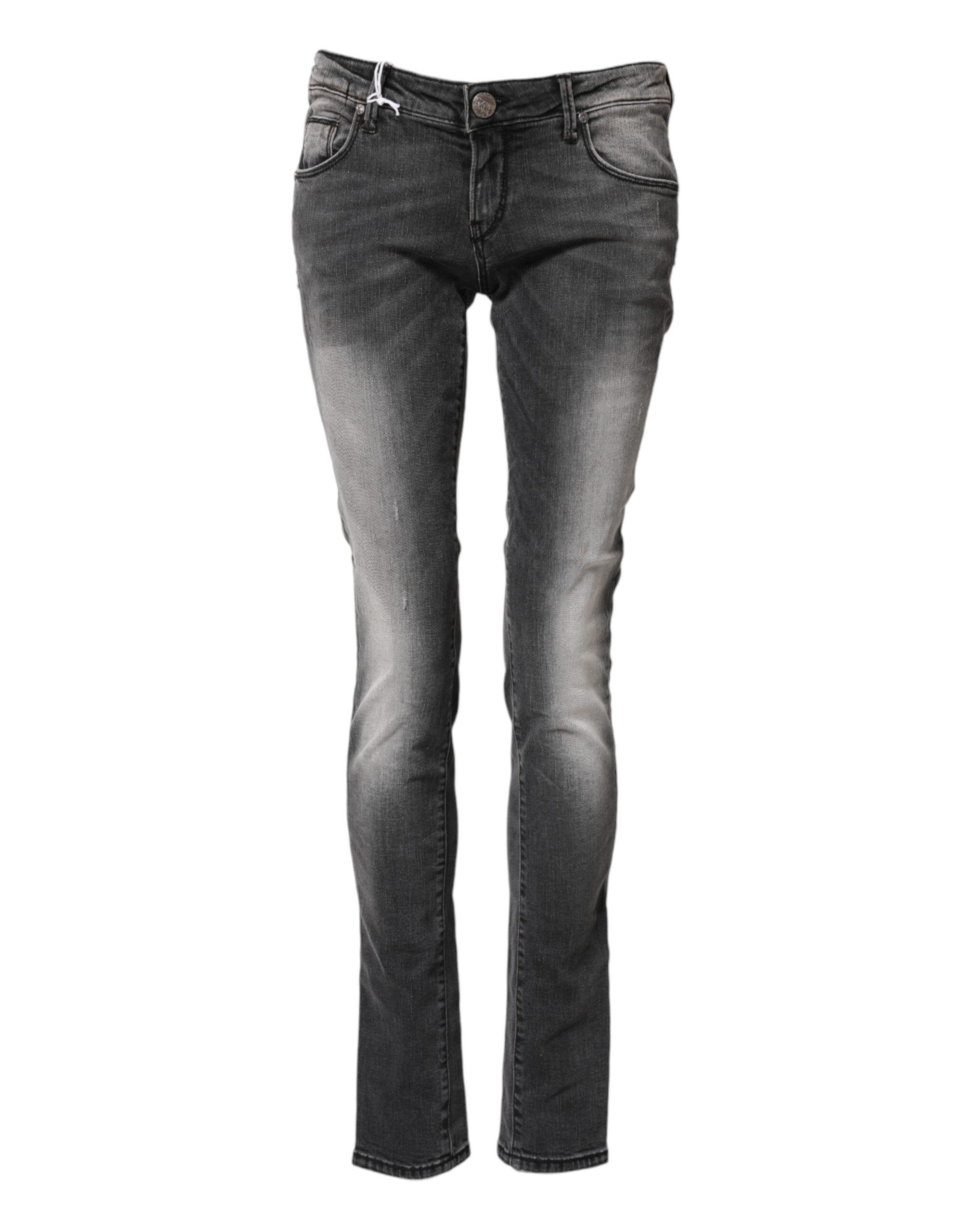 Acht Dark Gray Cotton Slim Fit Denim Low Waist Denim Women's Jeans