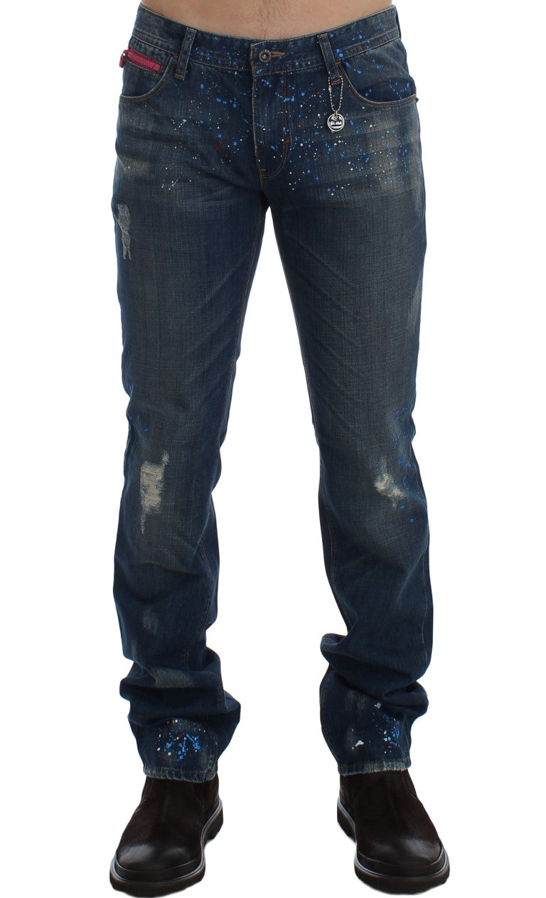 Costume National Blue Wash Paint Slim Fit Pants Men's Jeans