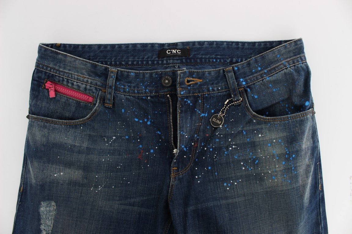 Costume National Blue Wash Paint Slim Fit Pants Men's Jeans