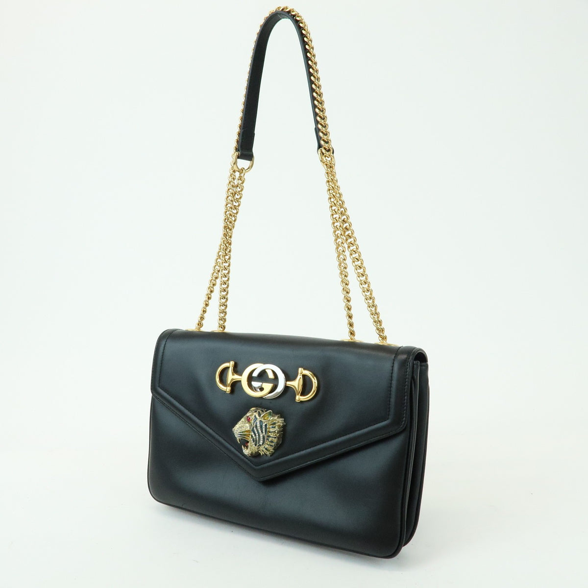 Gucci Rajah Chain Leather Black Leather Tote Bag Bag (Pre-Owned)