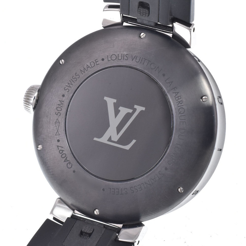Louis Vuitton Tambour Moon Dual Time Quartz Stainless Steel With Diamond Lugs And Markers And Leather Watch (Pre-Owned)