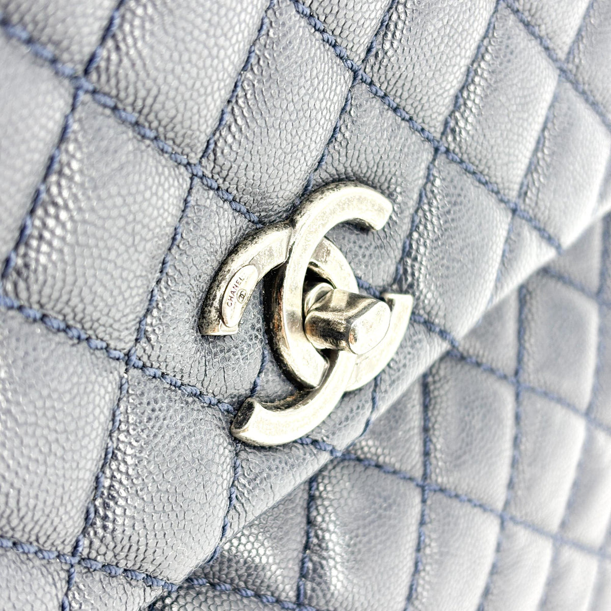 Chanel Coco Top Handle Quilted Caviar With Lizard Navy Leather Handbag (Pre-Owned)