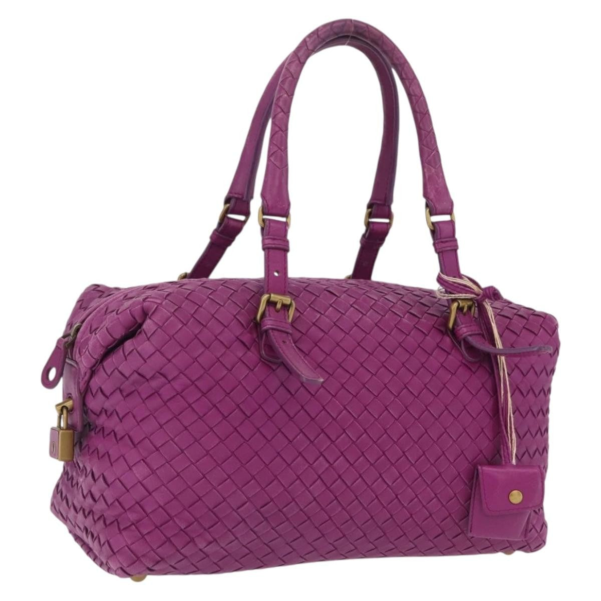 Bottega Veneta New Boston Intrecciato Nappa Purple Leather Handbag (Pre-Owned)