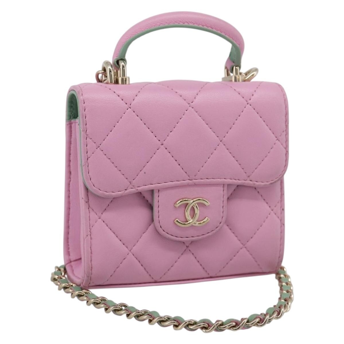 Chanel Square Classic Flap Top Handle Clutch With Chain Quilted Lambskin Pink Leather Clutche & Pouche Bag (Pre-Owned)