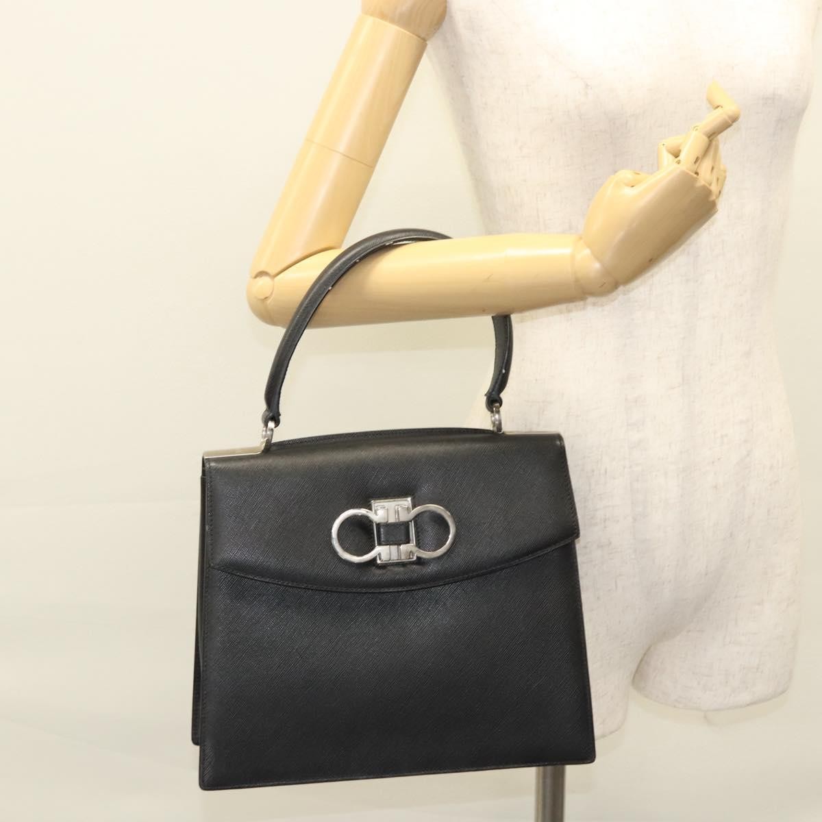 Salvatore Ferragamo Double Gancini Top Handle Saffiano Leather Black Leather Handbag (Pre-Owned)