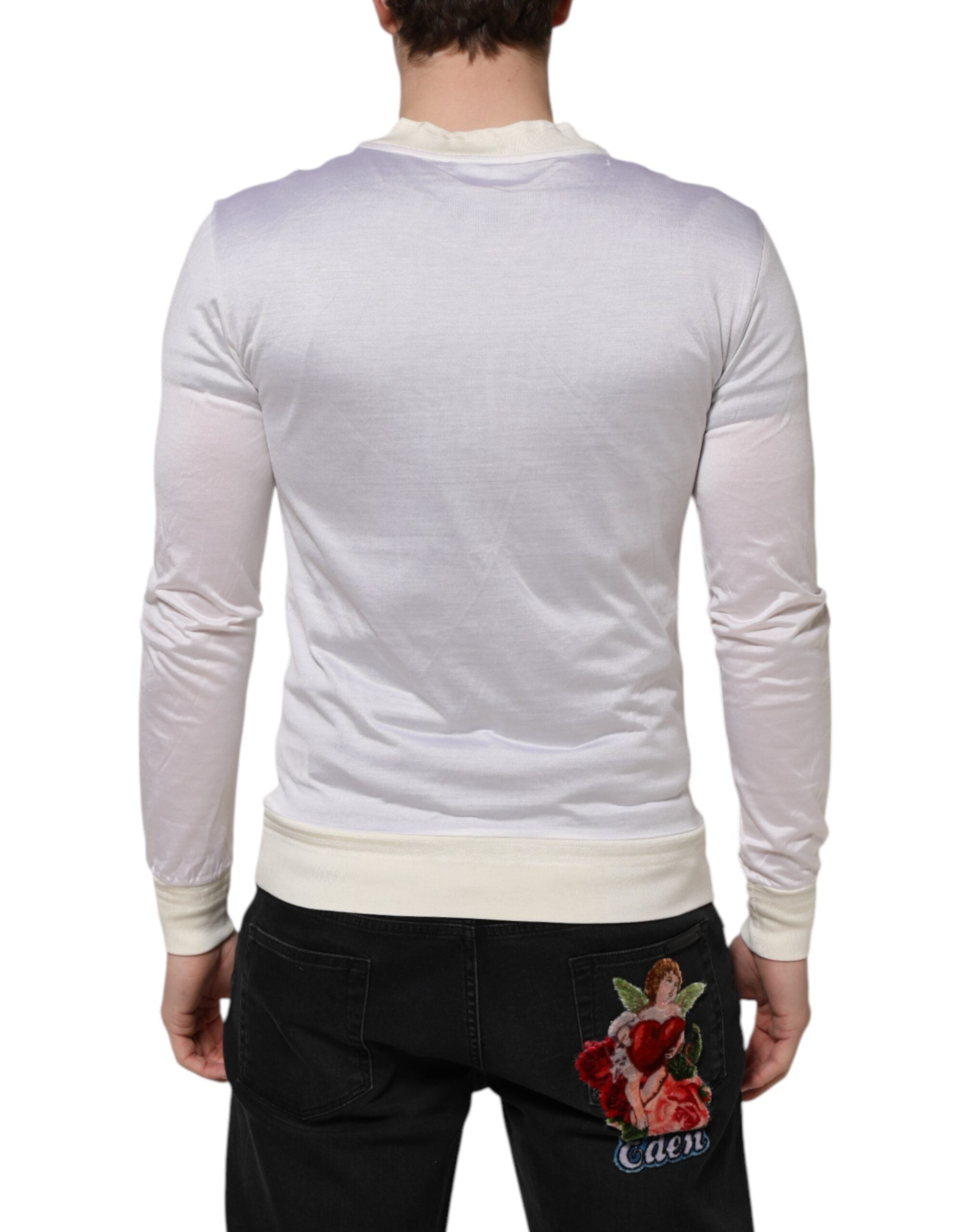 Dolce & Gabbana White Silk Crew Neck Long Sleeves Men's T-shirt