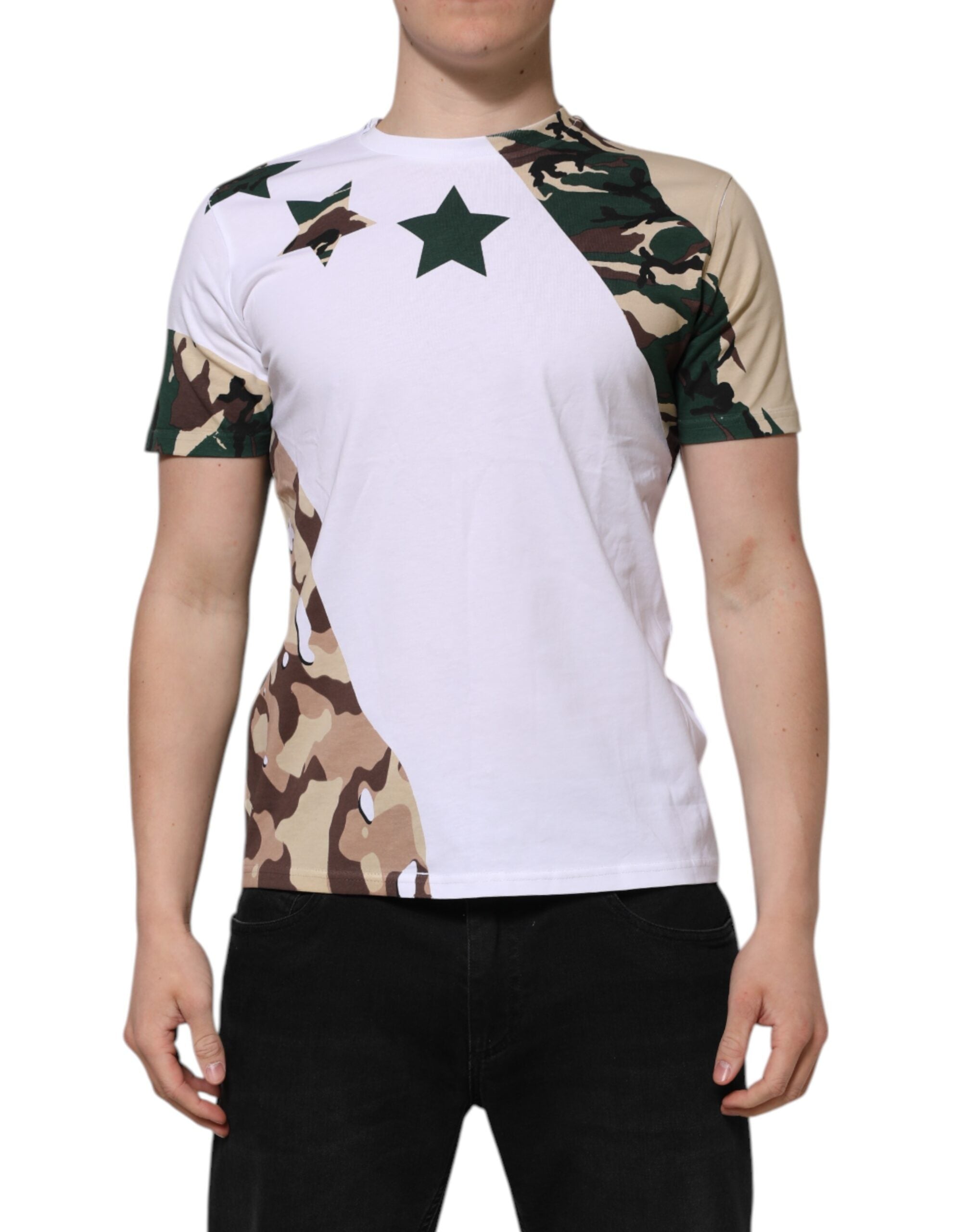 Dolce & Gabbana White Camouflage Cotton Men Crew Neck Men's T-shirt (Pre-Owned)
