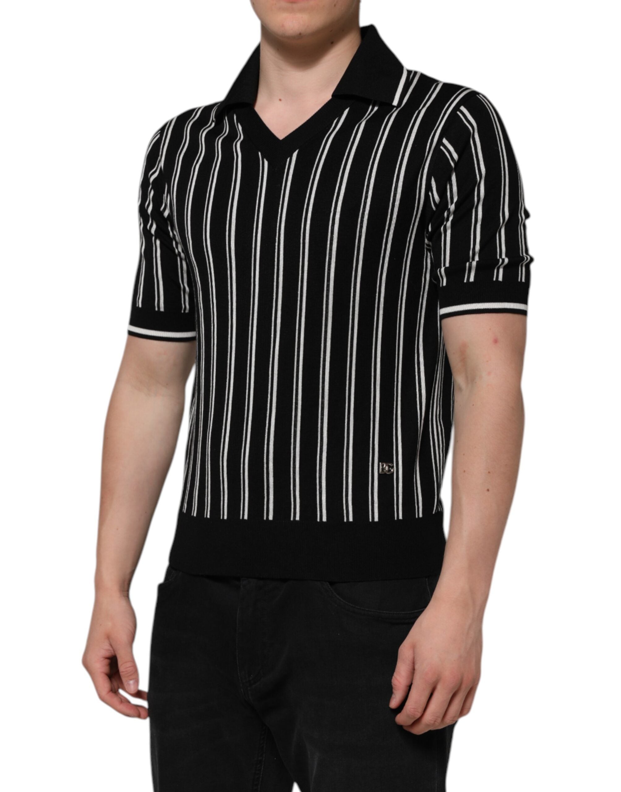 Dolce & Gabbana Black White Stripes Collared Polo Men's T-shirt