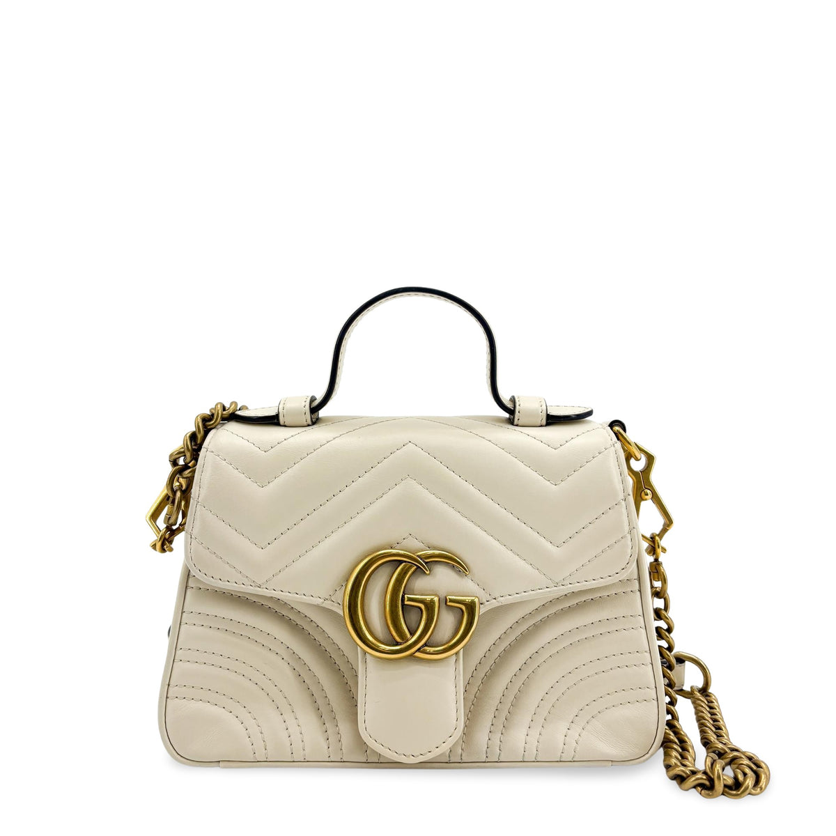 Gucci Gg Marmont Top Handle Flap Matelasse Leather White Leather Handbag (Pre-Owned)