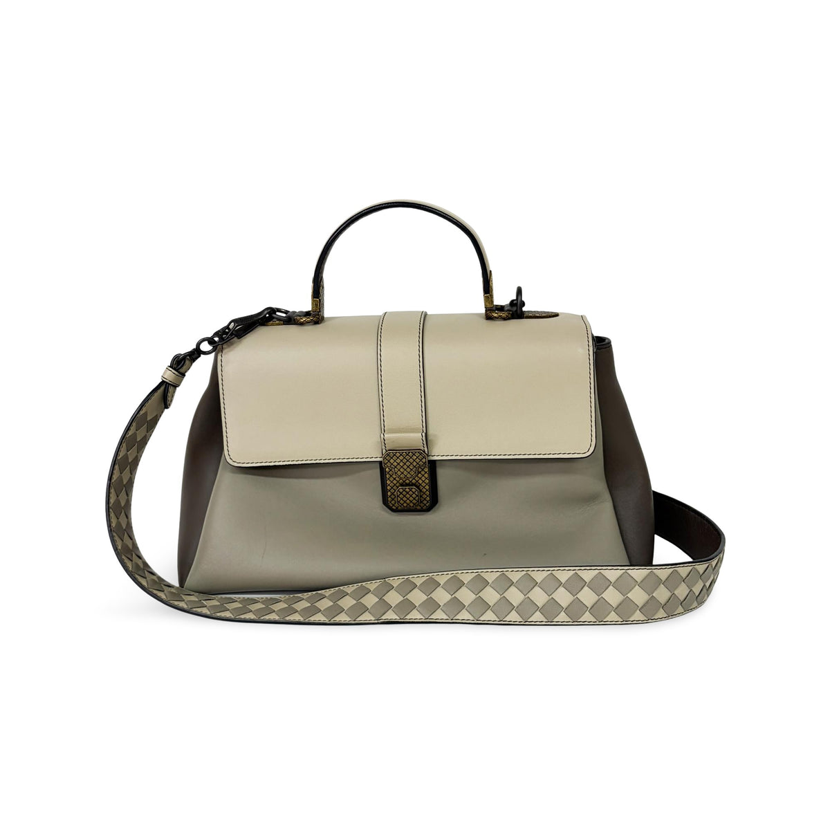 Bottega Veneta Piazza Top Handle Leather With Intrecciato Detail Gray Leather Handbag (Pre-Owned)