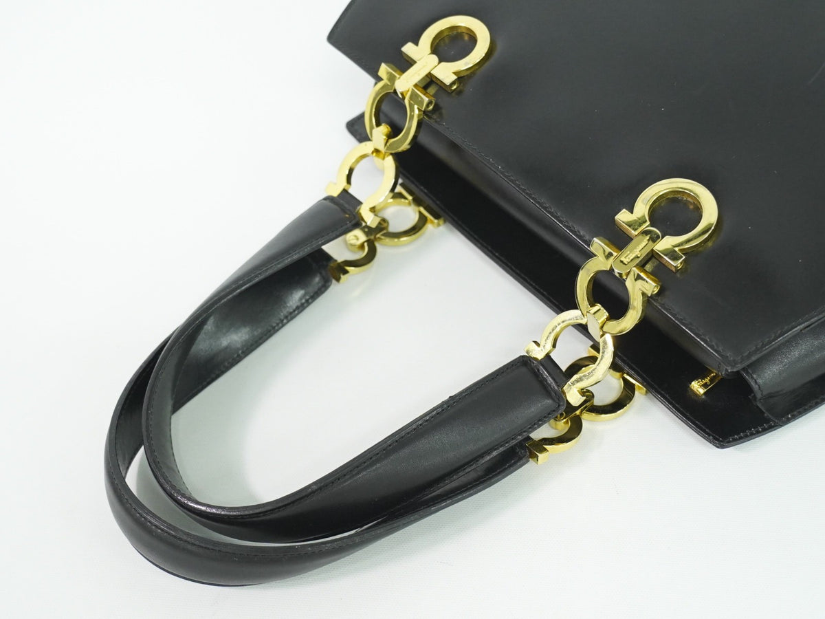 Salvatore Ferragamo Gancini Top Handle Leather Black Leather Handbag (Pre-Owned)