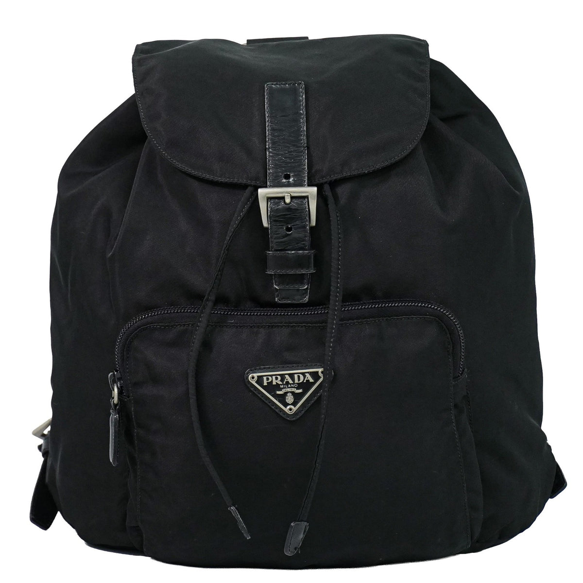 Prada Front Pocket Buckle Nylon Black Nylon Backpack Bag (Pre-Owned)