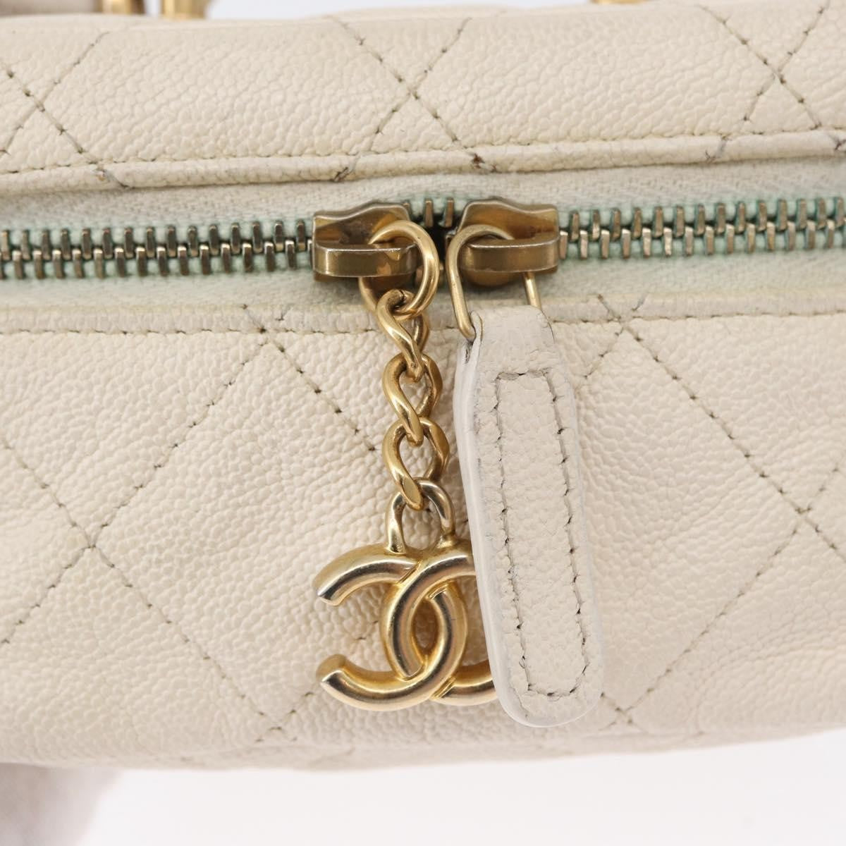 Chanel Top Handle Zip Around Vanity Case With Chain Quilted Caviar White Leather Handbag (Pre-Owned)
