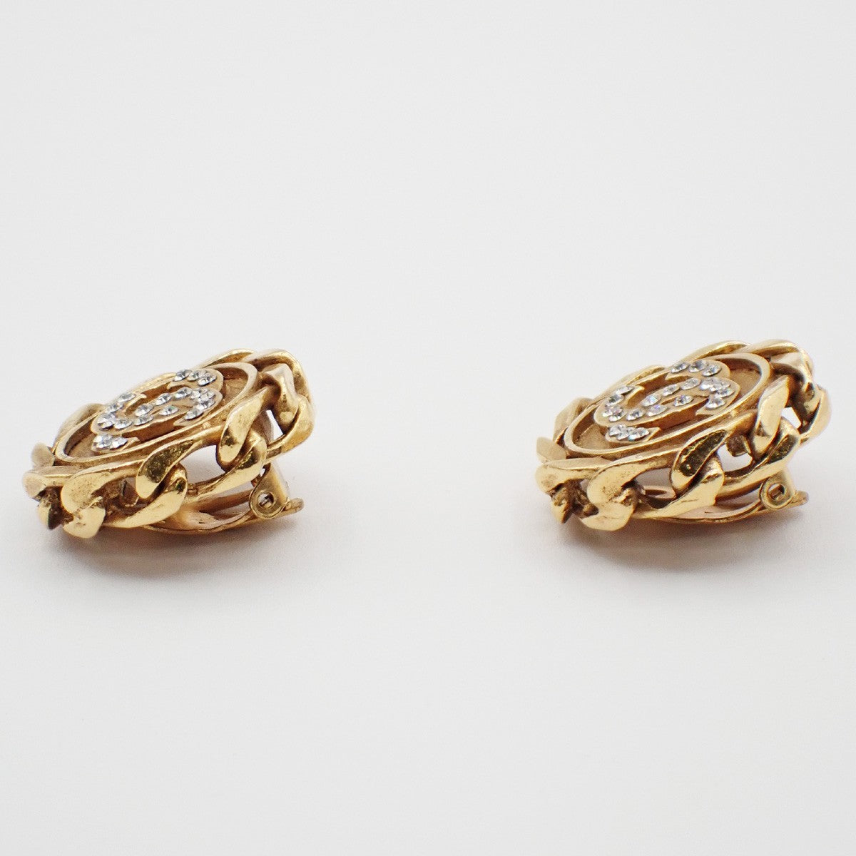 Chanel Vintage Cc Round Clip-On Metal With Crystals Gold Gold_Plated Earrings Jewelry (Pre-Owned)